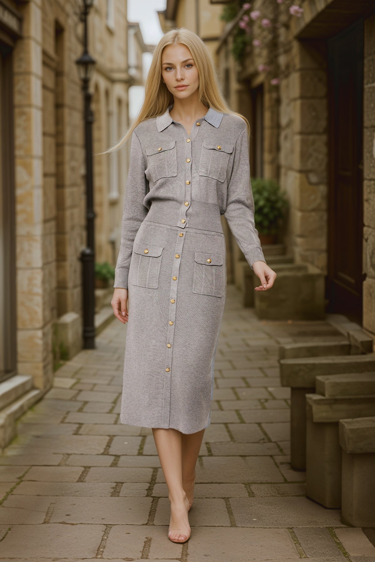 Knit Elegance Cardigan with Collar and Midi Skirt Set