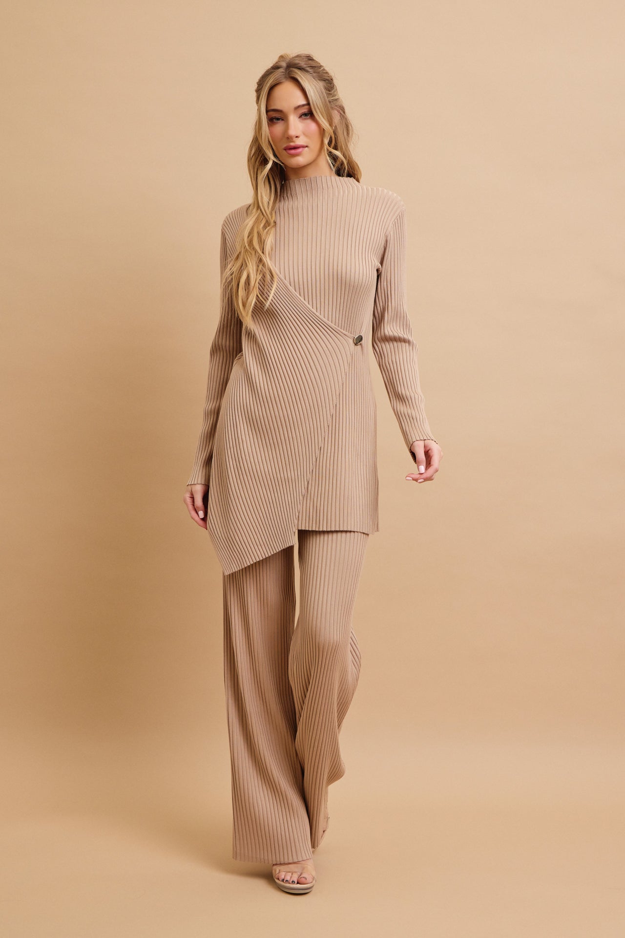 Cozy Chic Rib Knit High-neck Asymmetric Hem Top and Pants Set