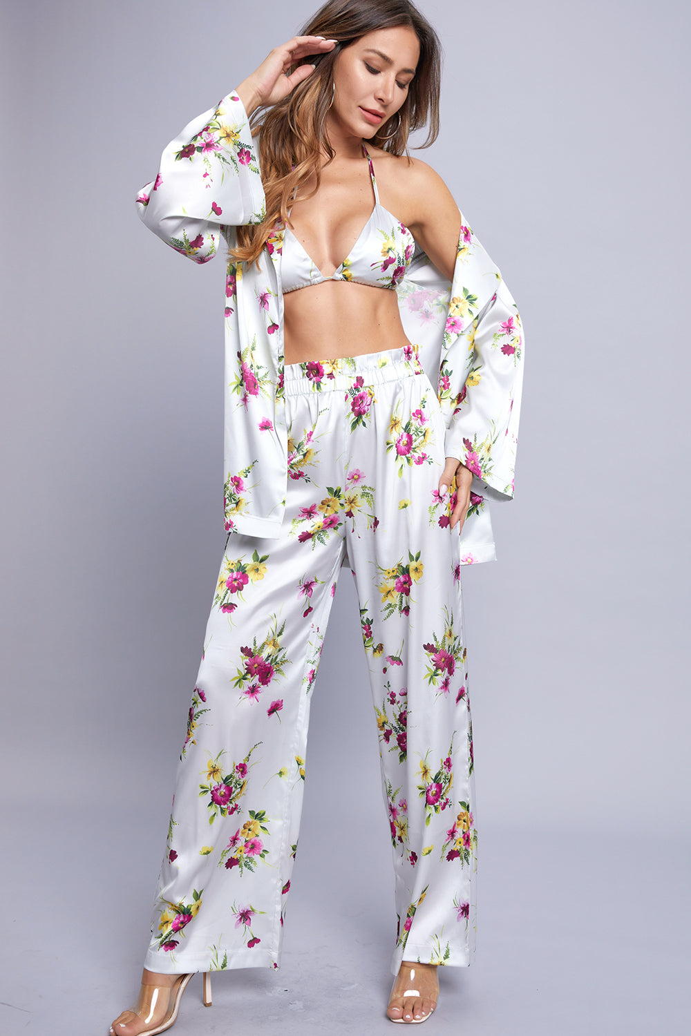 Satin Floral Print 3 Piece Set