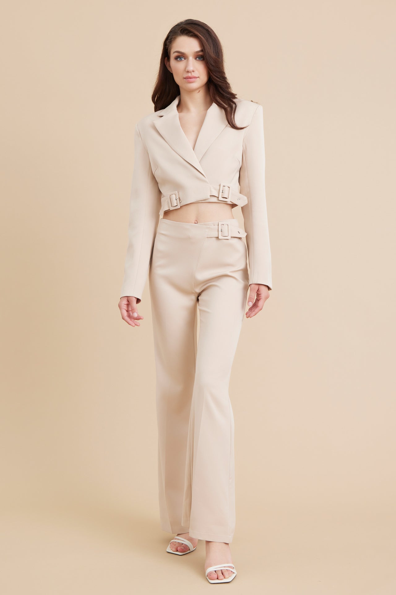 Woven Crop Blazer and Pants Set With Buckle Detail