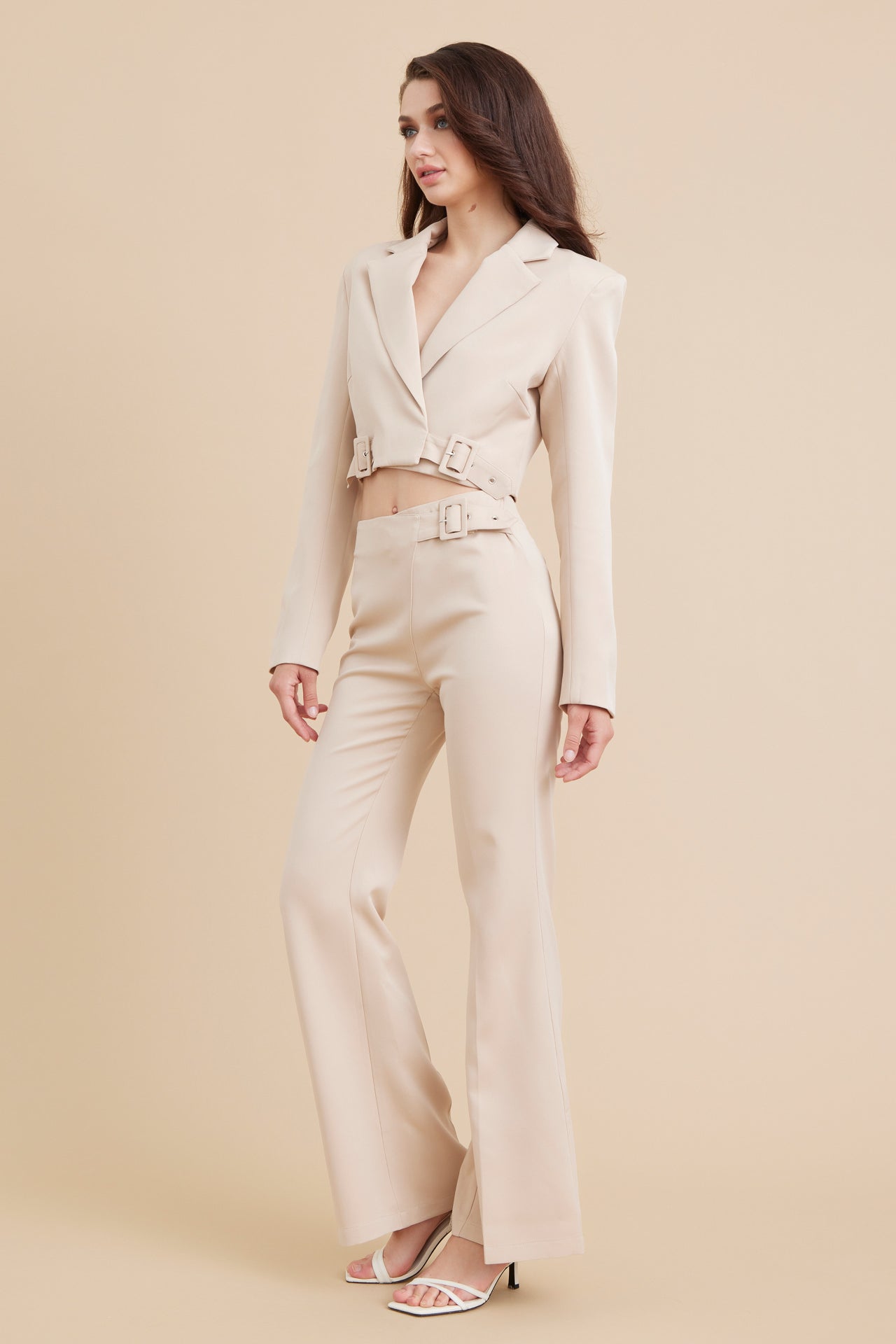 Woven Crop Blazer and Pants Set With Buckle Detail