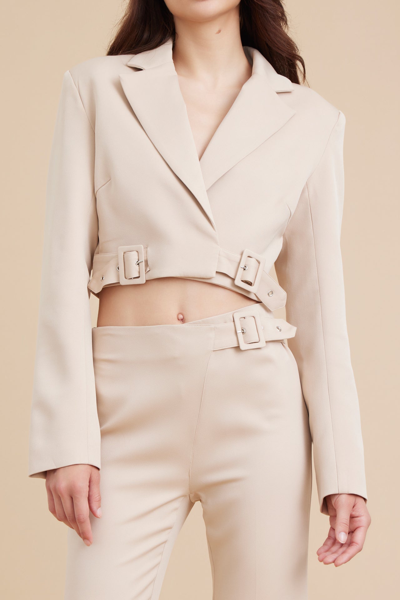 Woven Crop Blazer and Pants Set With Buckle Detail