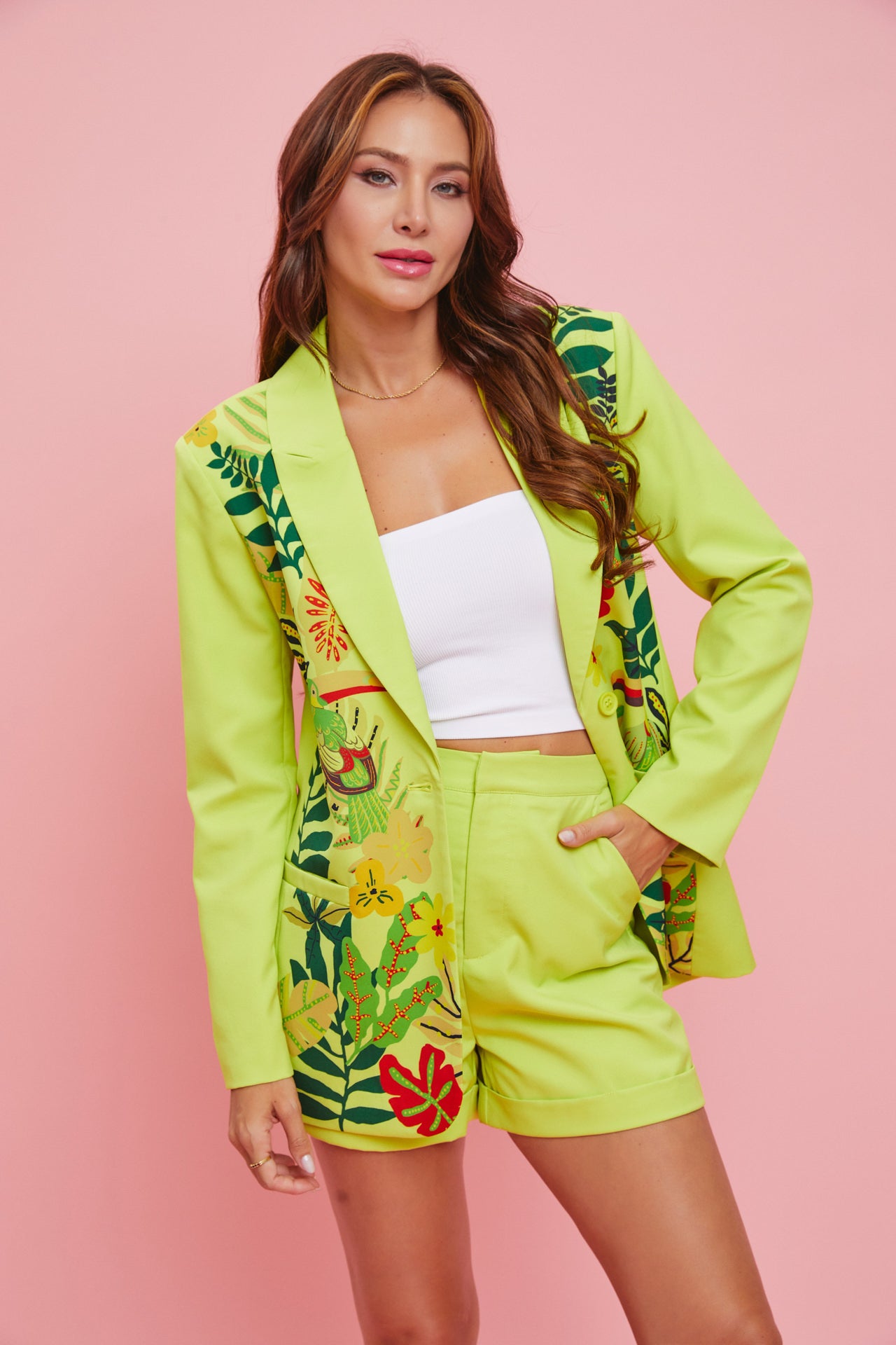 Tropical Print Blazer Jacket And Shorts Set