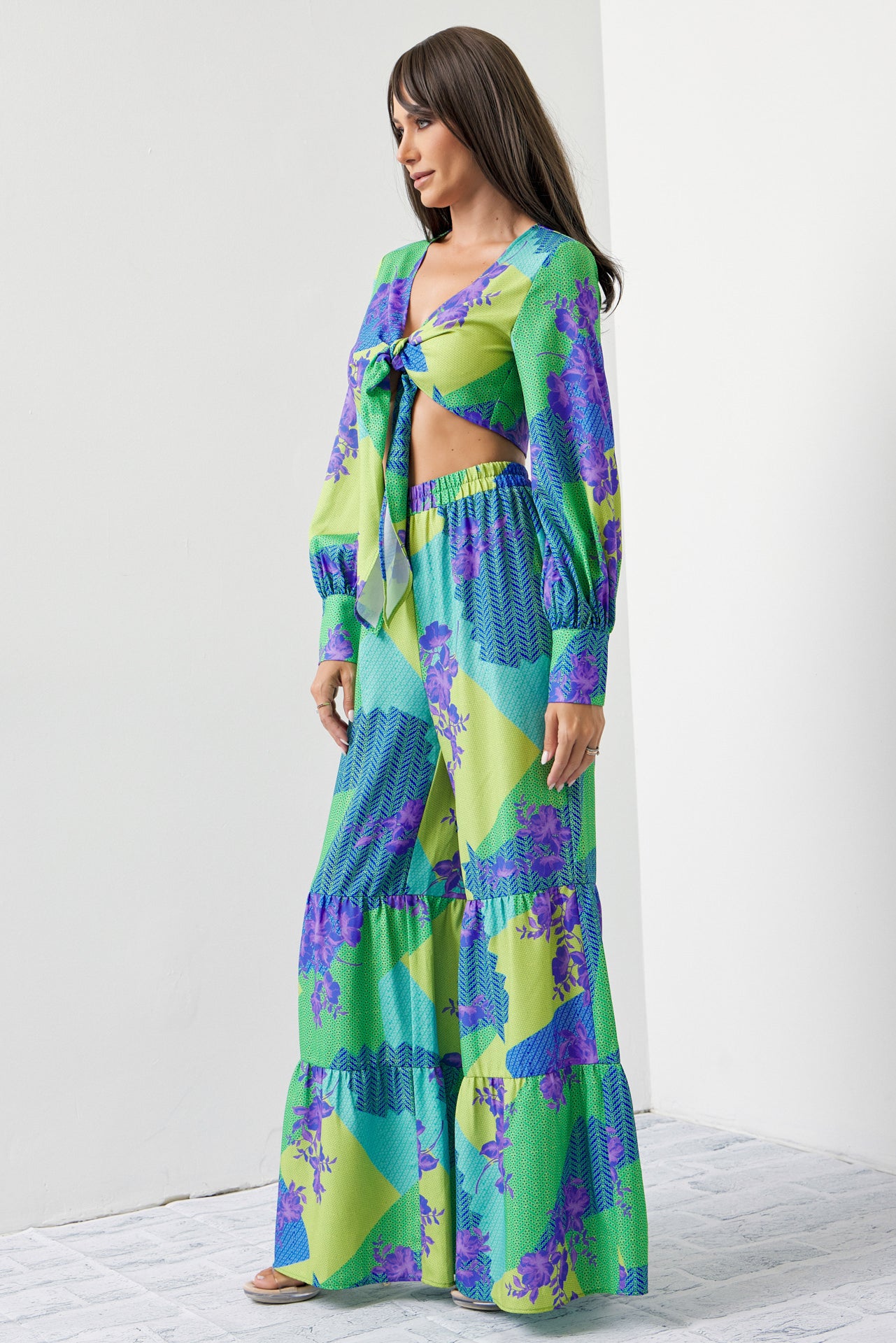 Dream Big Woven Print Front Tie Crop Top and Tiered Pants Set