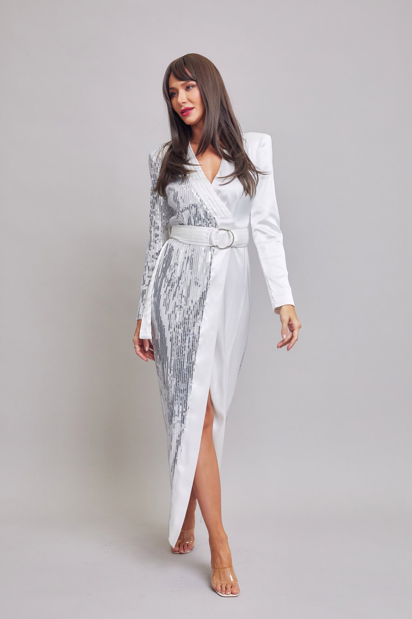 Sequin Contrast Maxi Wrap Dress With Belt