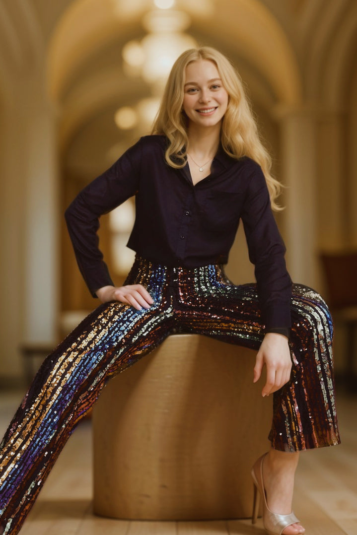 Woven Solid Shirt and Sequin Pants Set