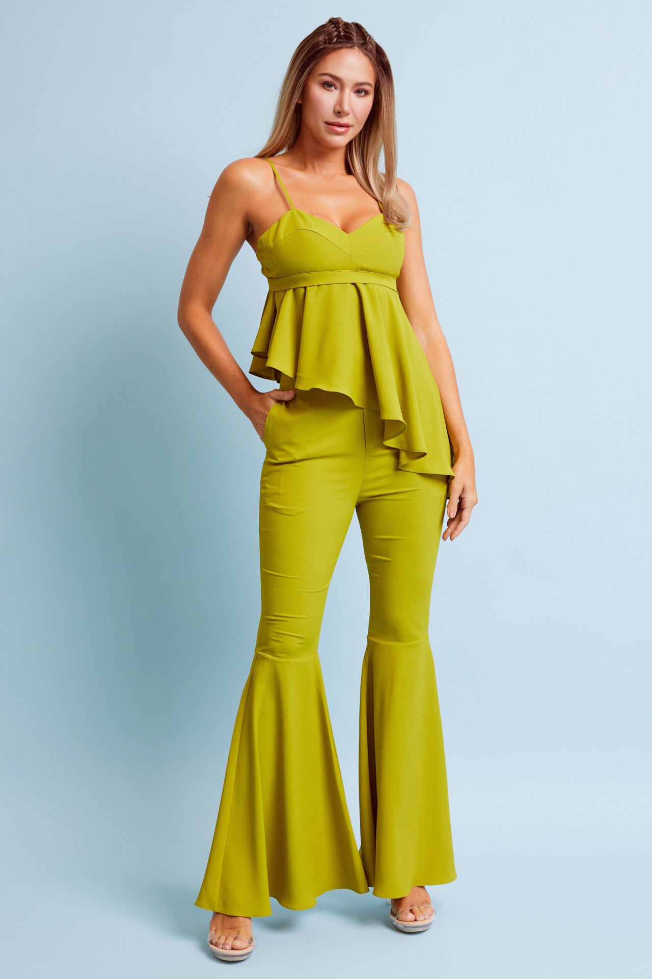 Woven Cami Top With Asymmetric Hem and Extreme Flare Pants