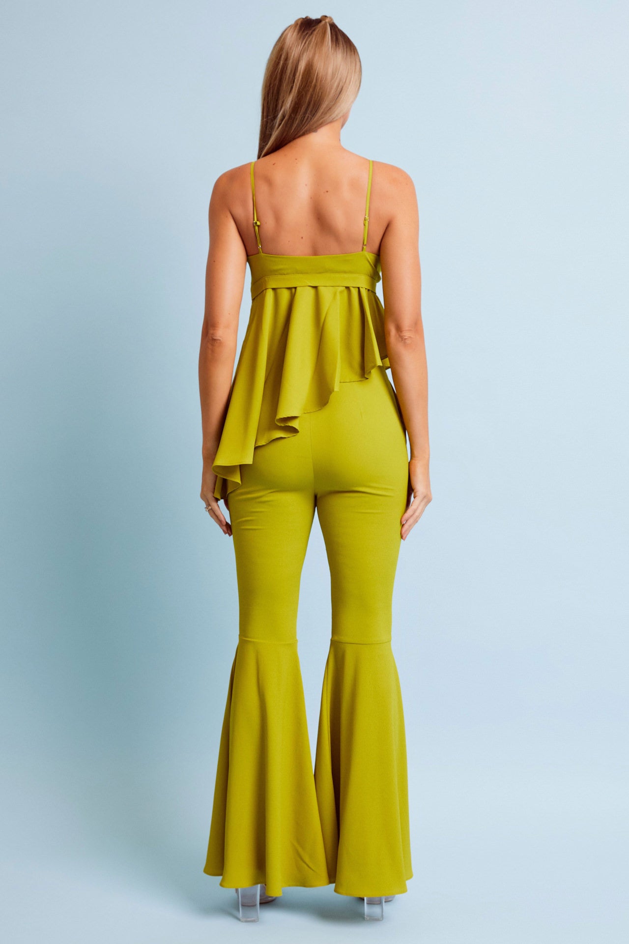 Woven Cami Top With Asymmetric Hem and Extreme Flare Pants