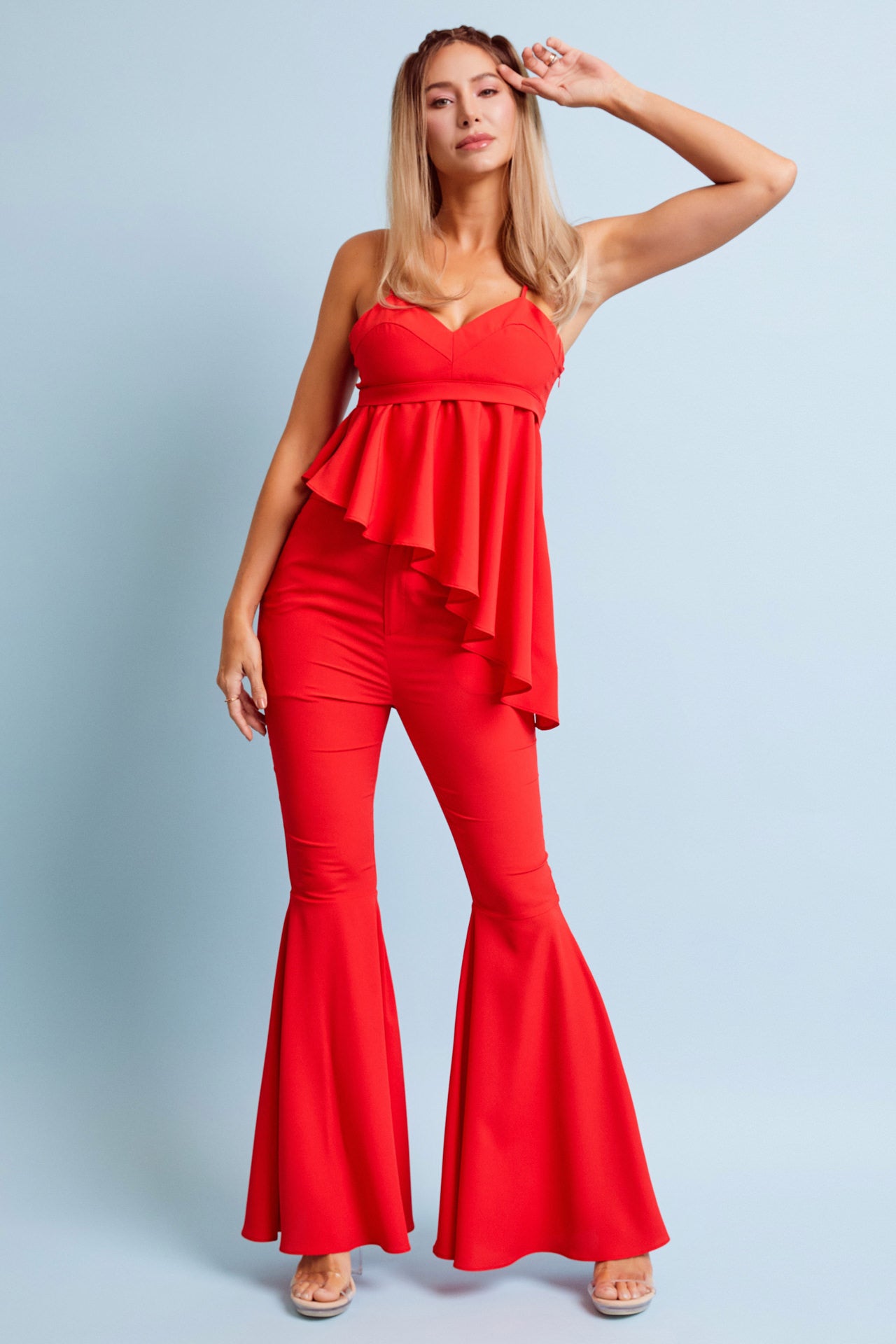 Woven Cami Top With Asymmetric Hem and Extreme Flare Pants