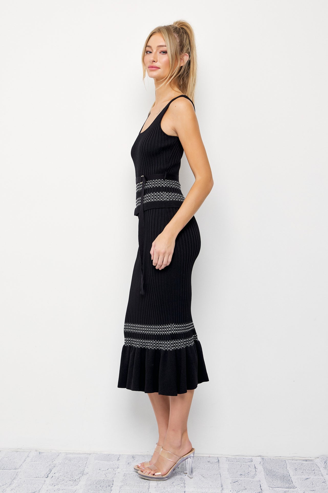 Pretty First Impression Rib Knit Ruffle Midi Dress