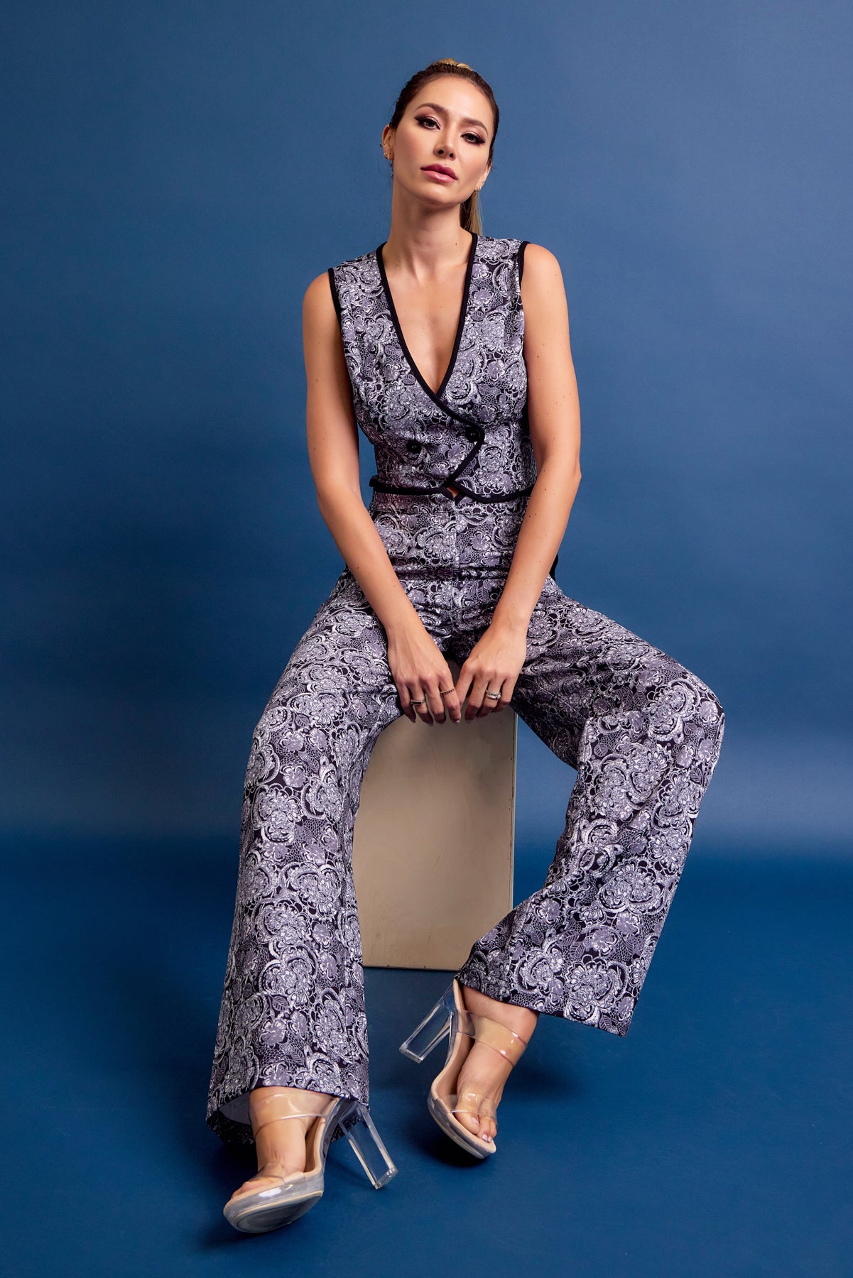 Addie Printed Vest and Pants Set with Contrast Binding