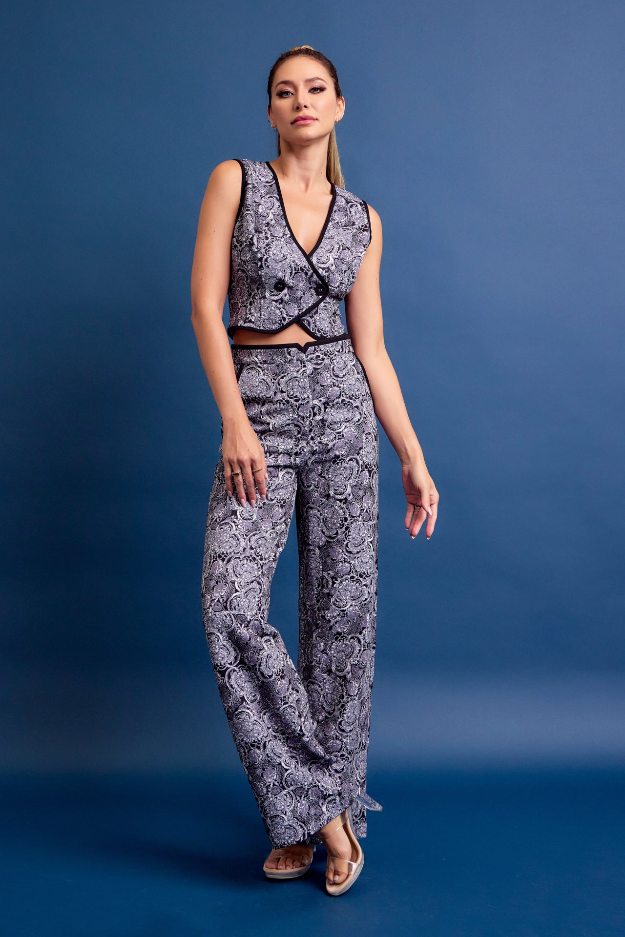 Addie Printed Vest and Pants Set with Contrast Binding