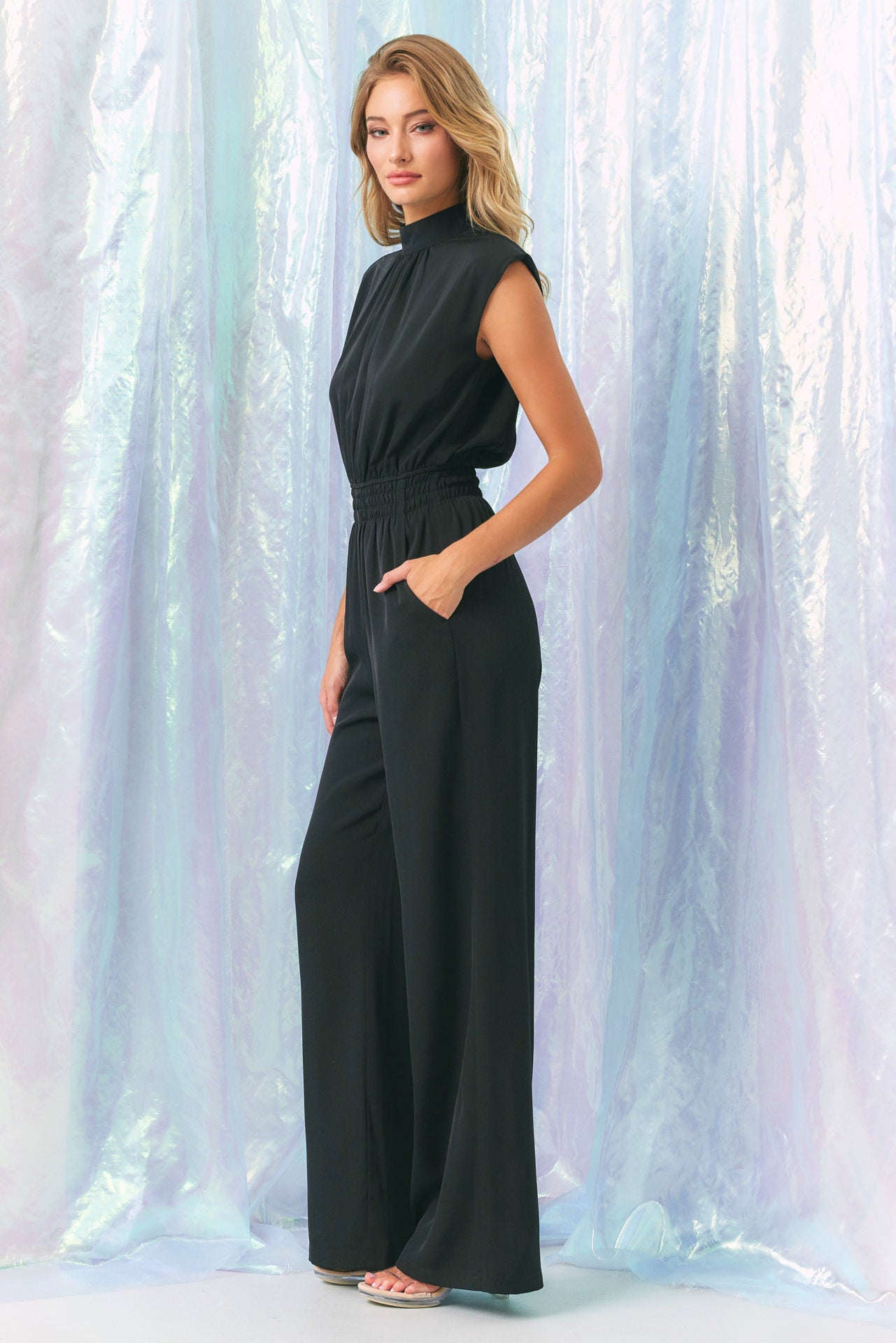 Let's Get Out Woven Mock Neck Jumpsuit With Smocked Waist