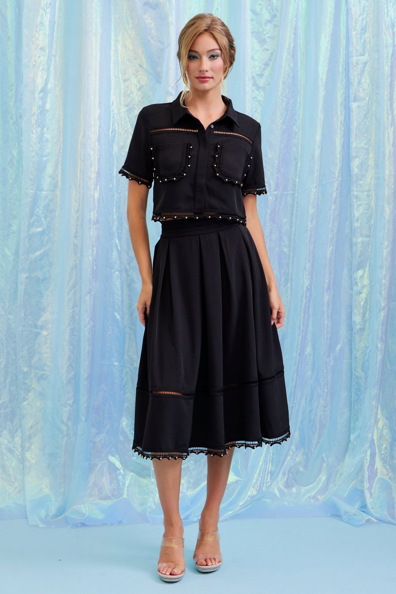 Looking for Me Woven Short Sleeve Top and Midi Skirt Set with Studded Trims