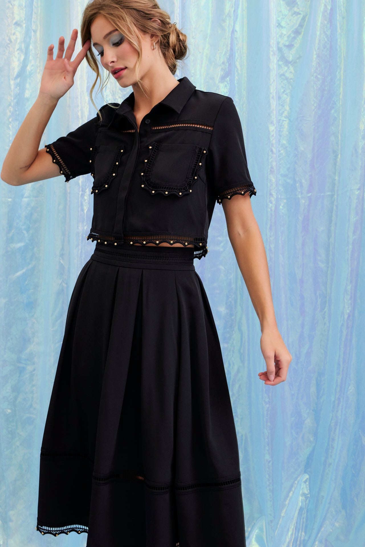 Looking for Me Woven Short Sleeve Top and Midi Skirt Set with Studded Trims