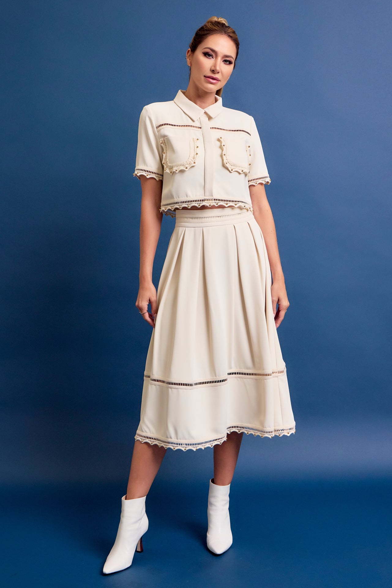 Looking for Me Woven Short Sleeve Top and Midi Skirt Set with Studded Trims