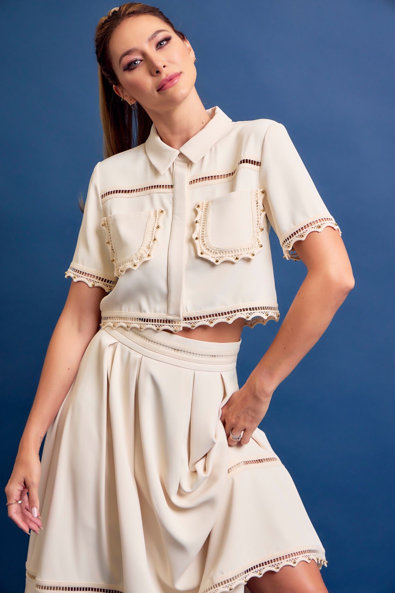 Looking for Me Woven Short Sleeve Top and Midi Skirt Set with Studded Trims