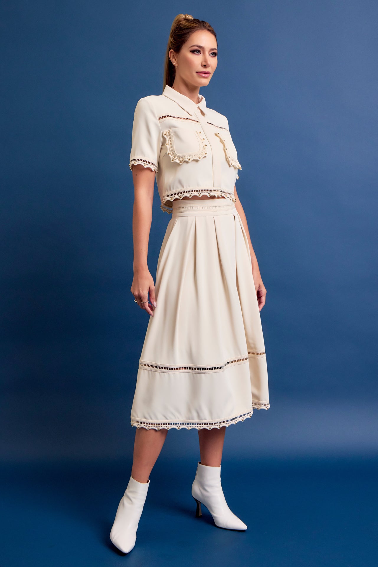 Looking for Me Woven Short Sleeve Top and Midi Skirt Set with Studded Trims