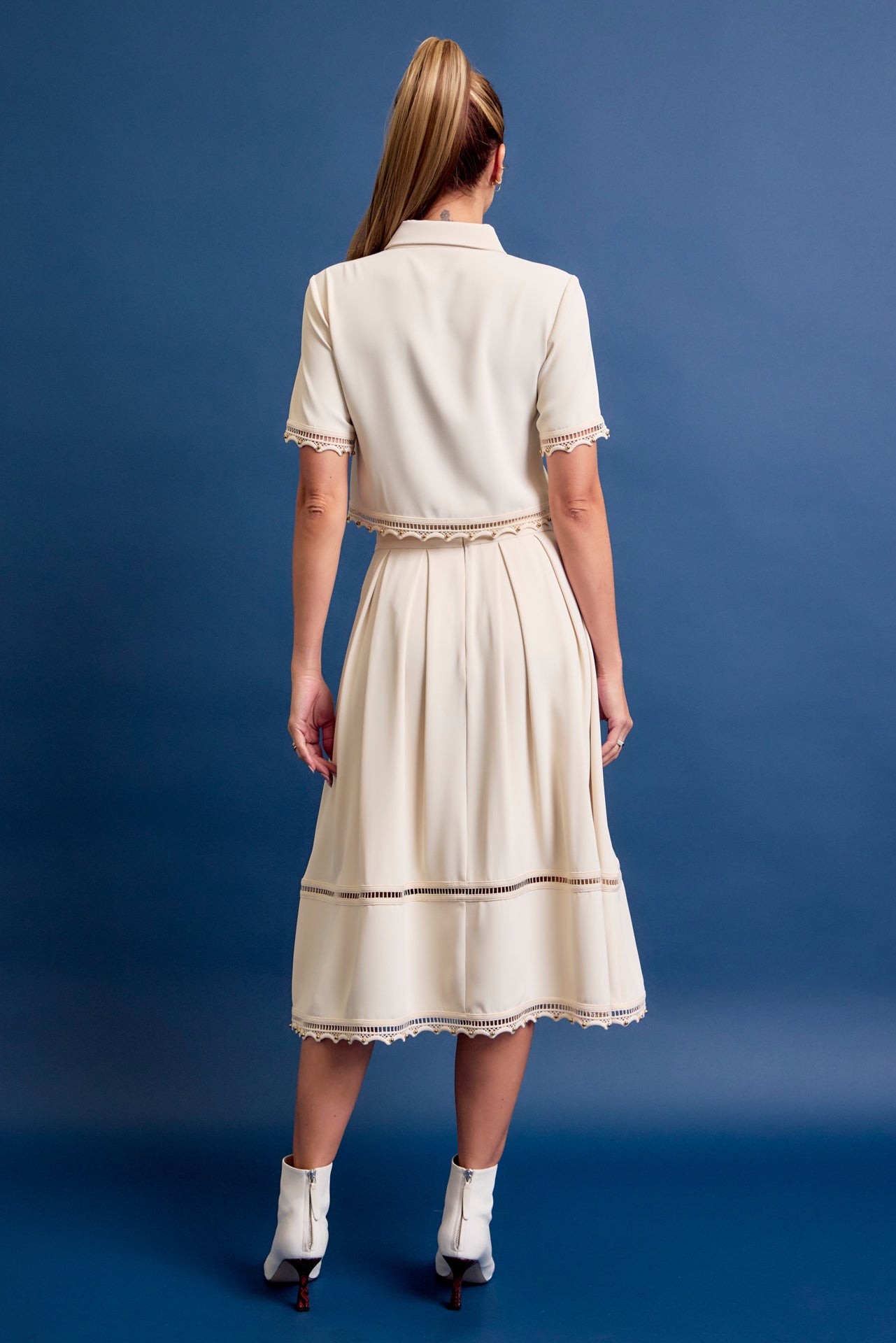 Looking for Me Woven Short Sleeve Top and Midi Skirt Set with Studded Trims