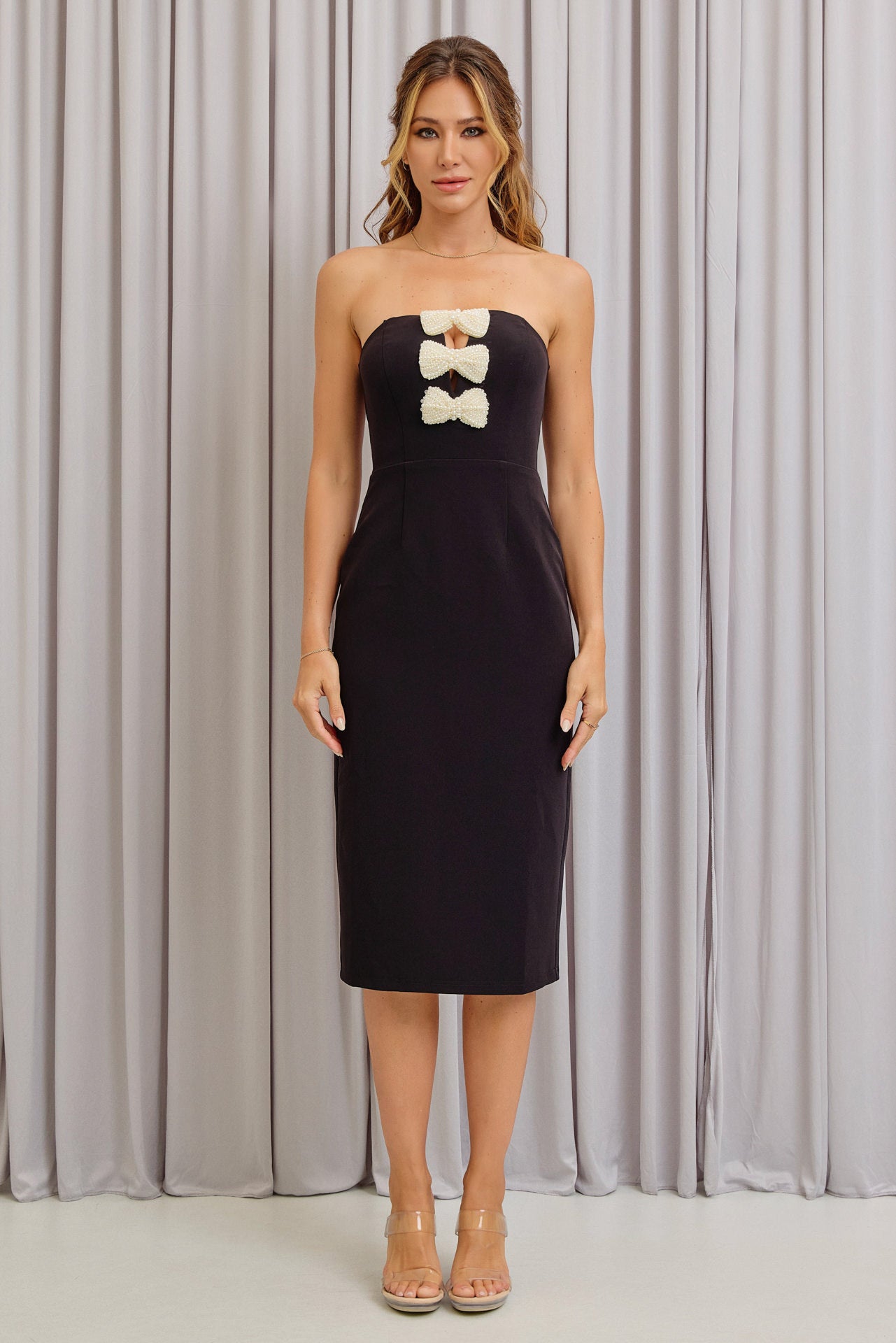 Slender Body Woven Tube Midi Dress With Pearl Ribbons