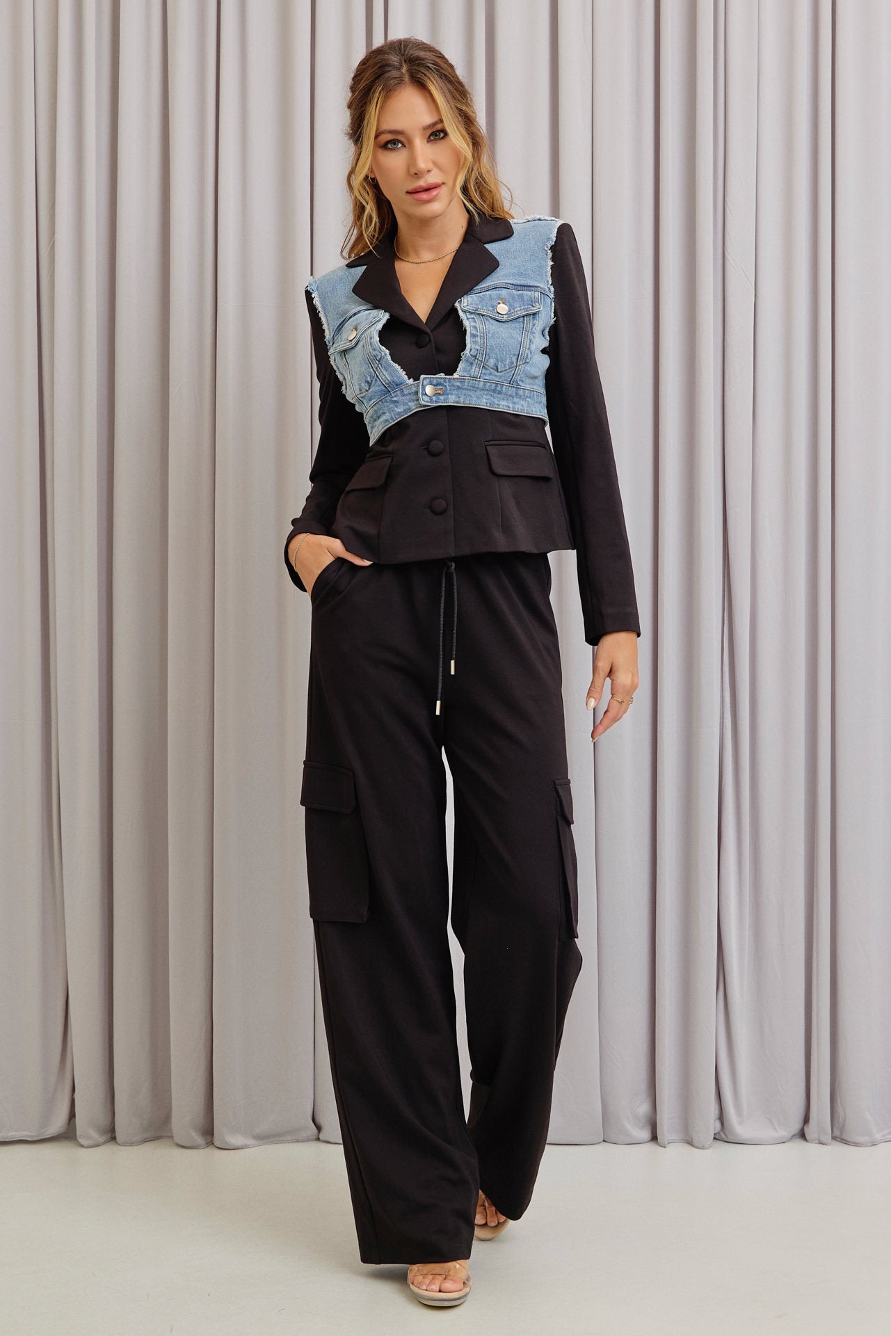 Perfect Duo Mixed Fabric Denim Jacket and Pants Set