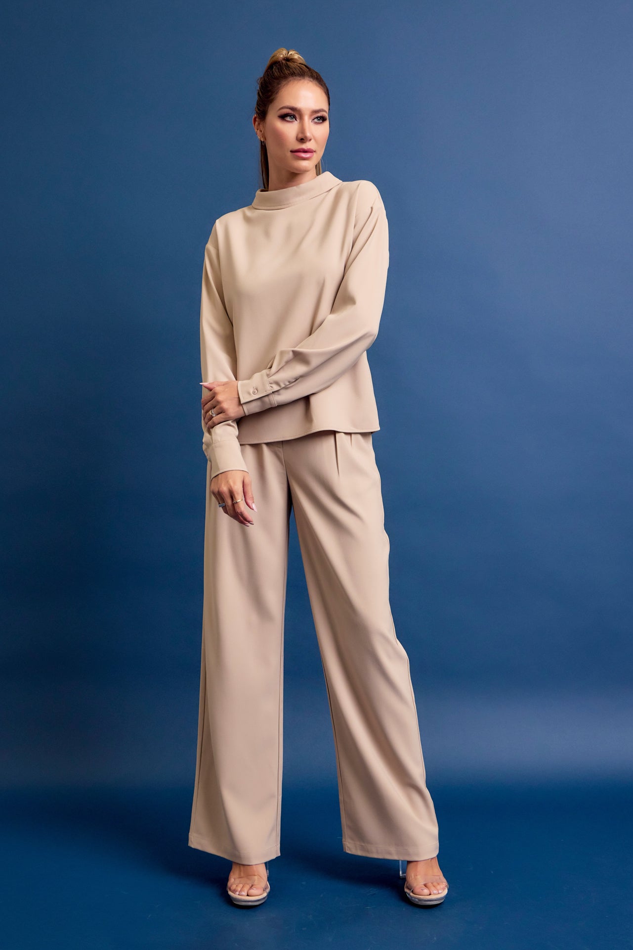 Formal Things Woven Mock Neck Long Sleeve Top and Pants Set