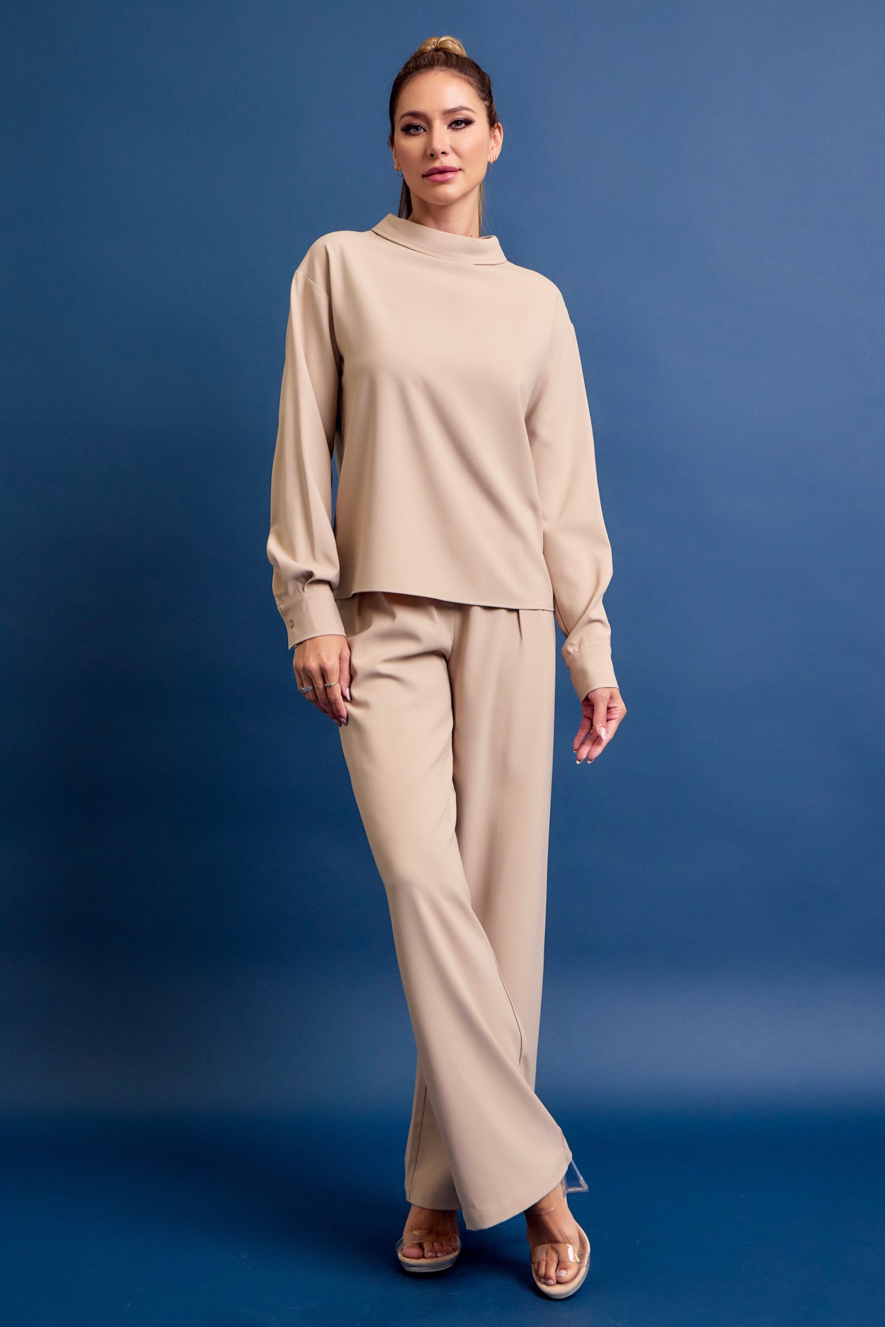 Formal Things Woven Mock Neck Long Sleeve Top and Pants Set