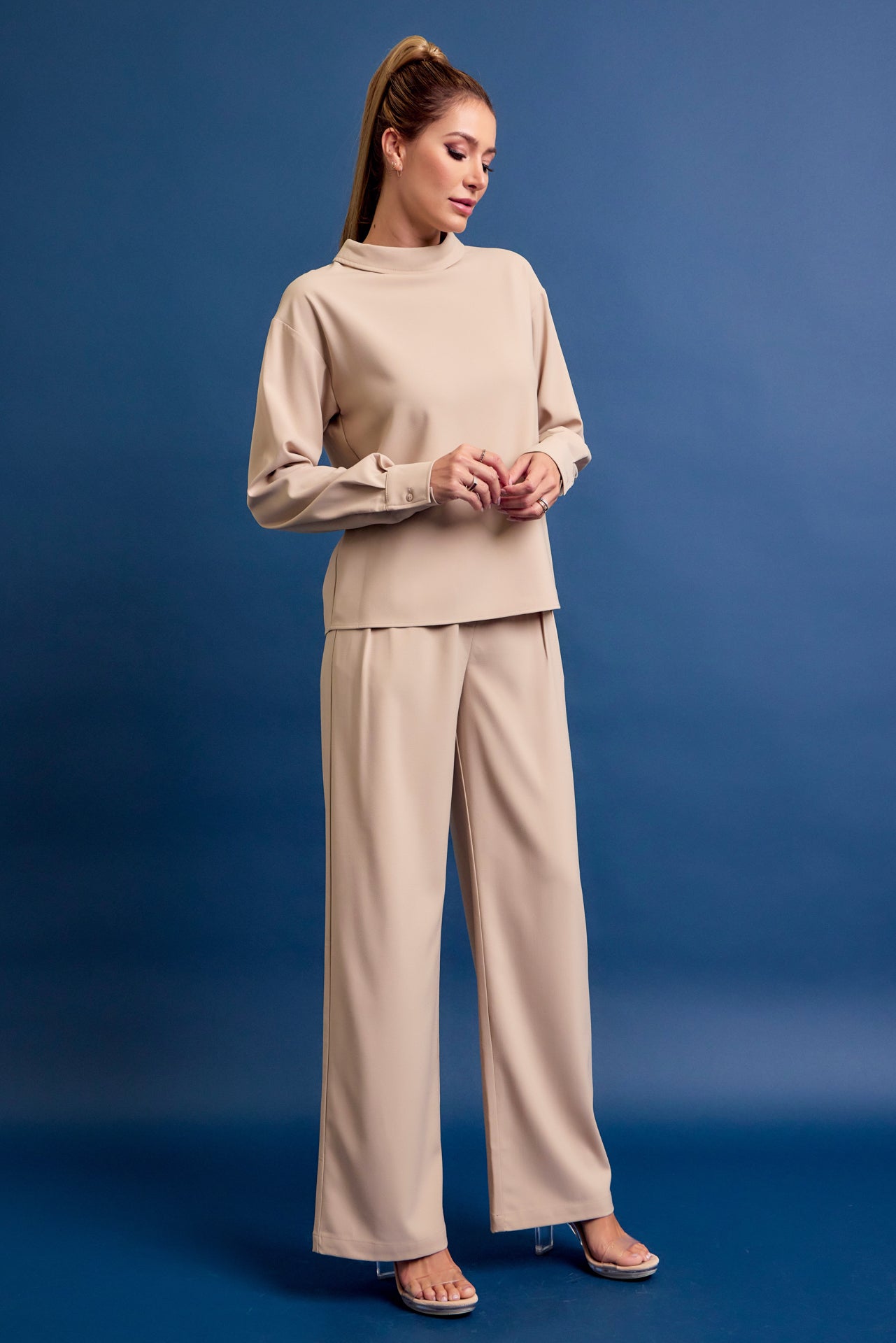 Formal Things Woven Mock Neck Long Sleeve Top and Pants Set