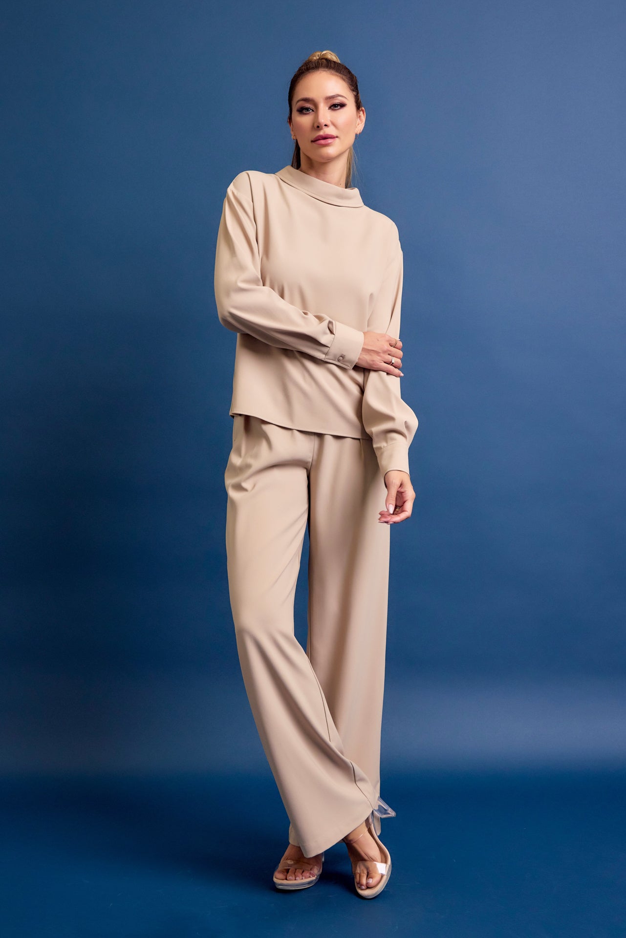 Formal Things Woven Mock Neck Long Sleeve Top and Pants Set