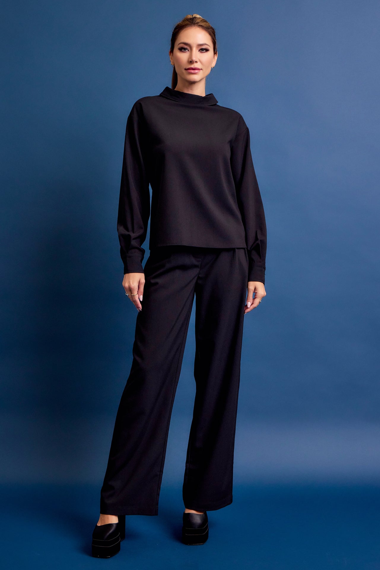 Formal Things Woven Mock Neck Long Sleeve Top and Pants Set