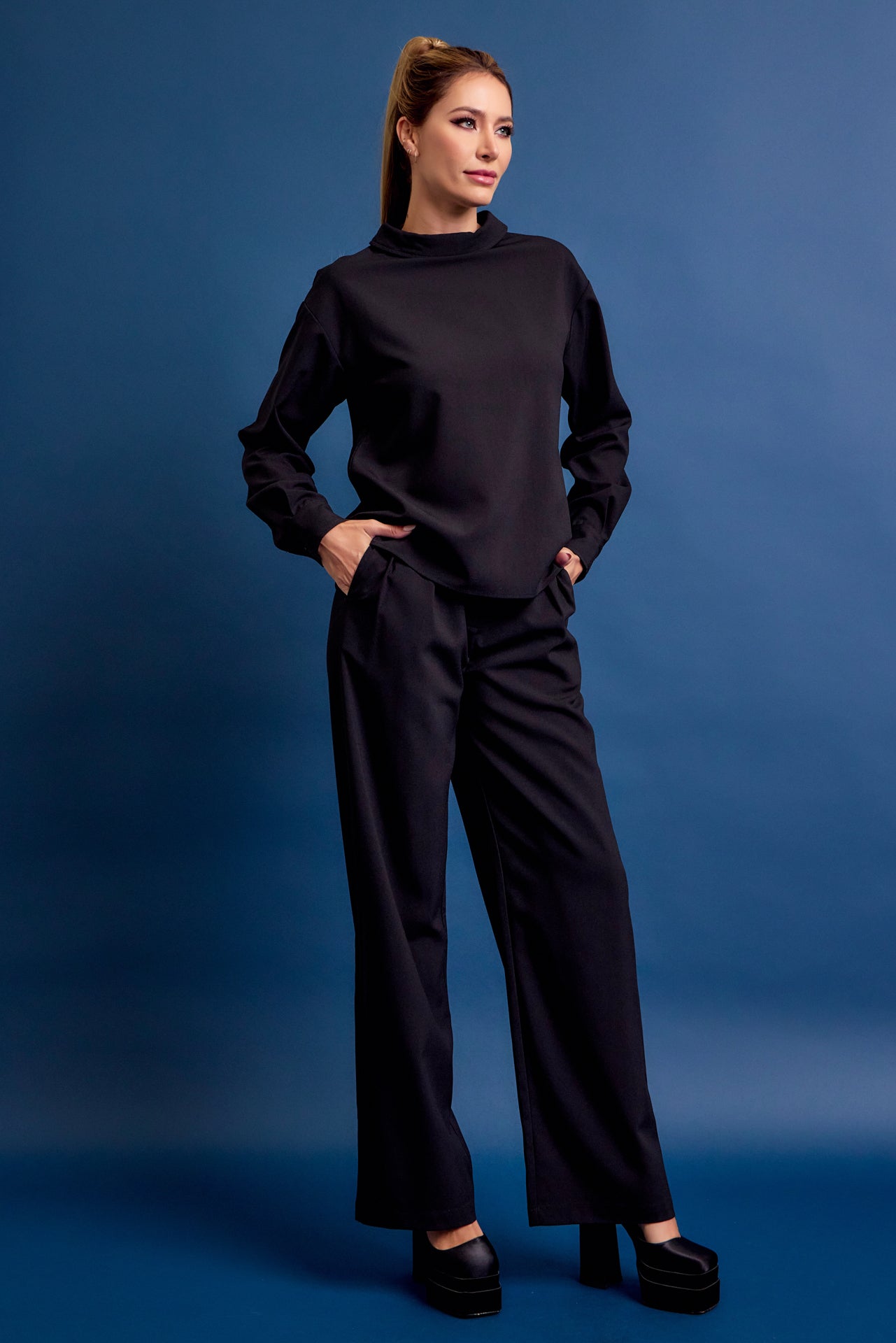 Formal Things Woven Mock Neck Long Sleeve Top and Pants Set