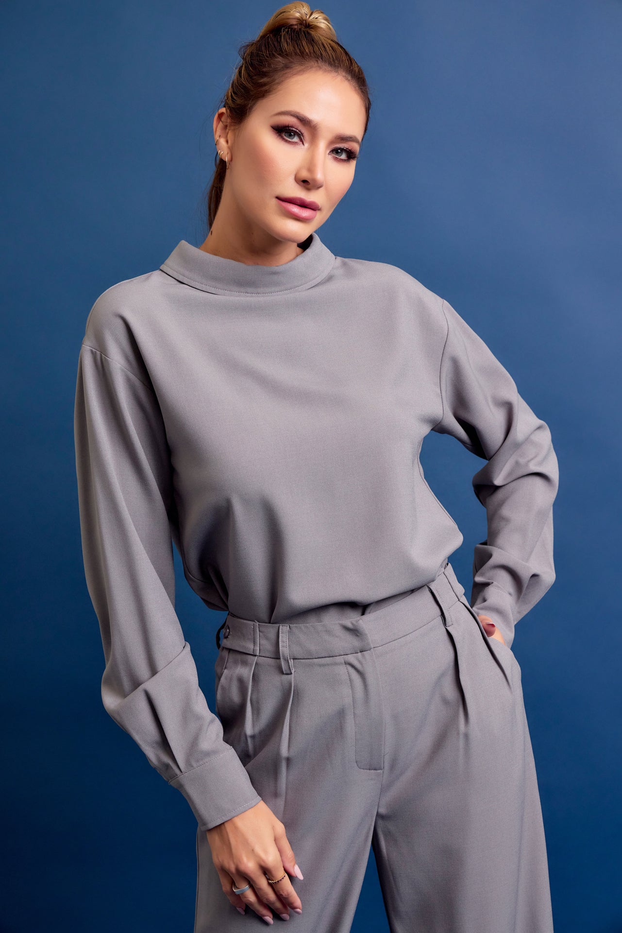 Formal Things Woven Mock Neck Long Sleeve Top and Pants Set