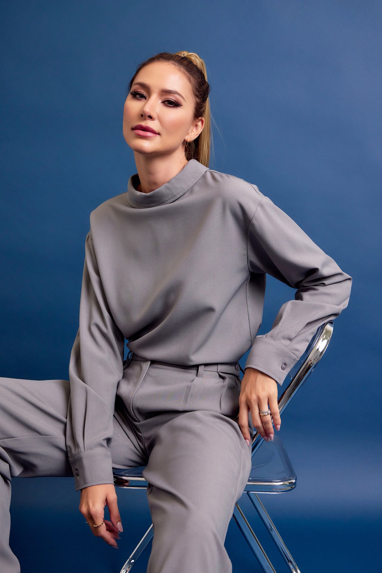 Formal Things Woven Mock Neck Long Sleeve Top and Pants Set