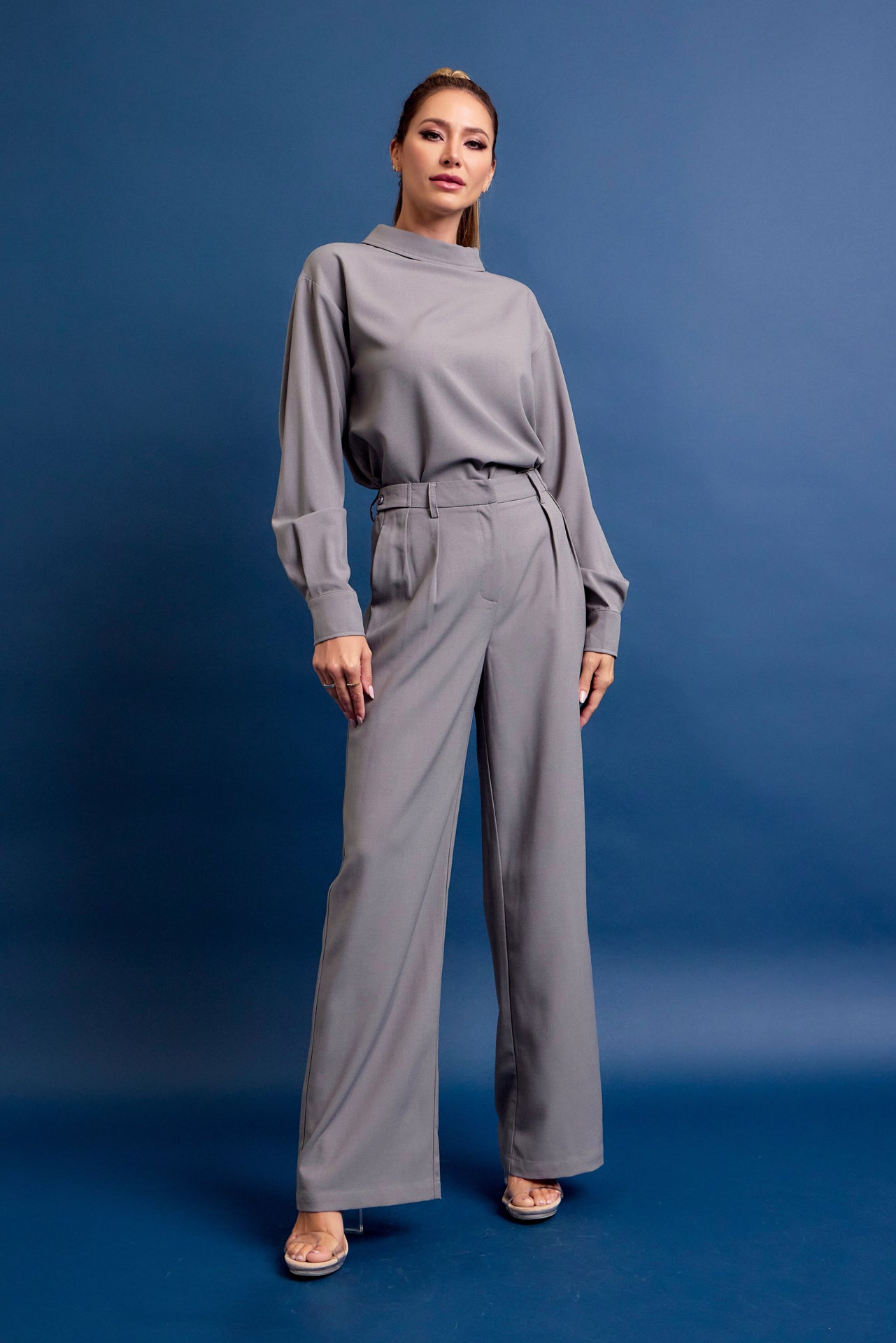 Formal Things Woven Mock Neck Long Sleeve Top and Pants Set