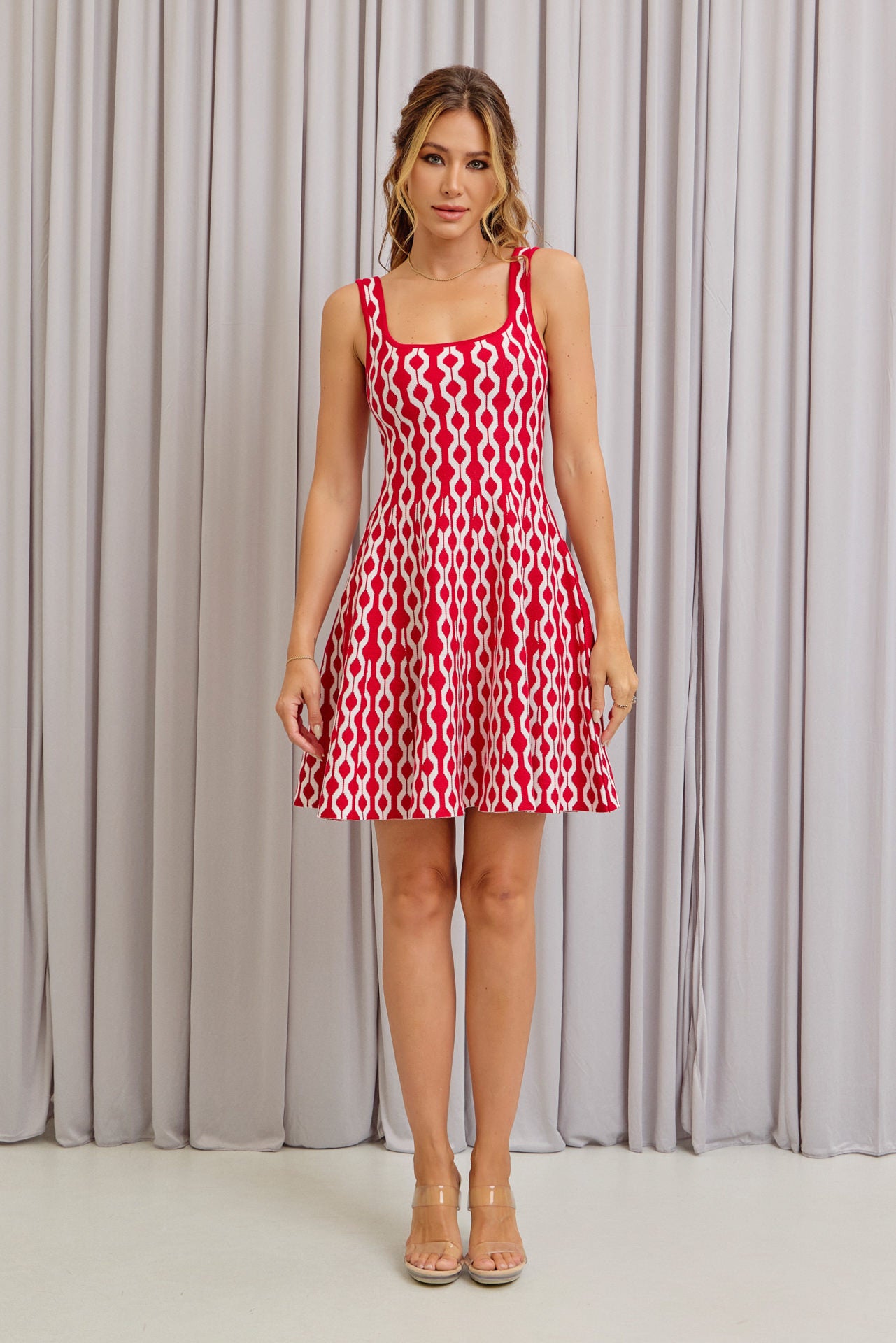 Peyton Knit Square-Neck Geometric Pattern Mini Dress