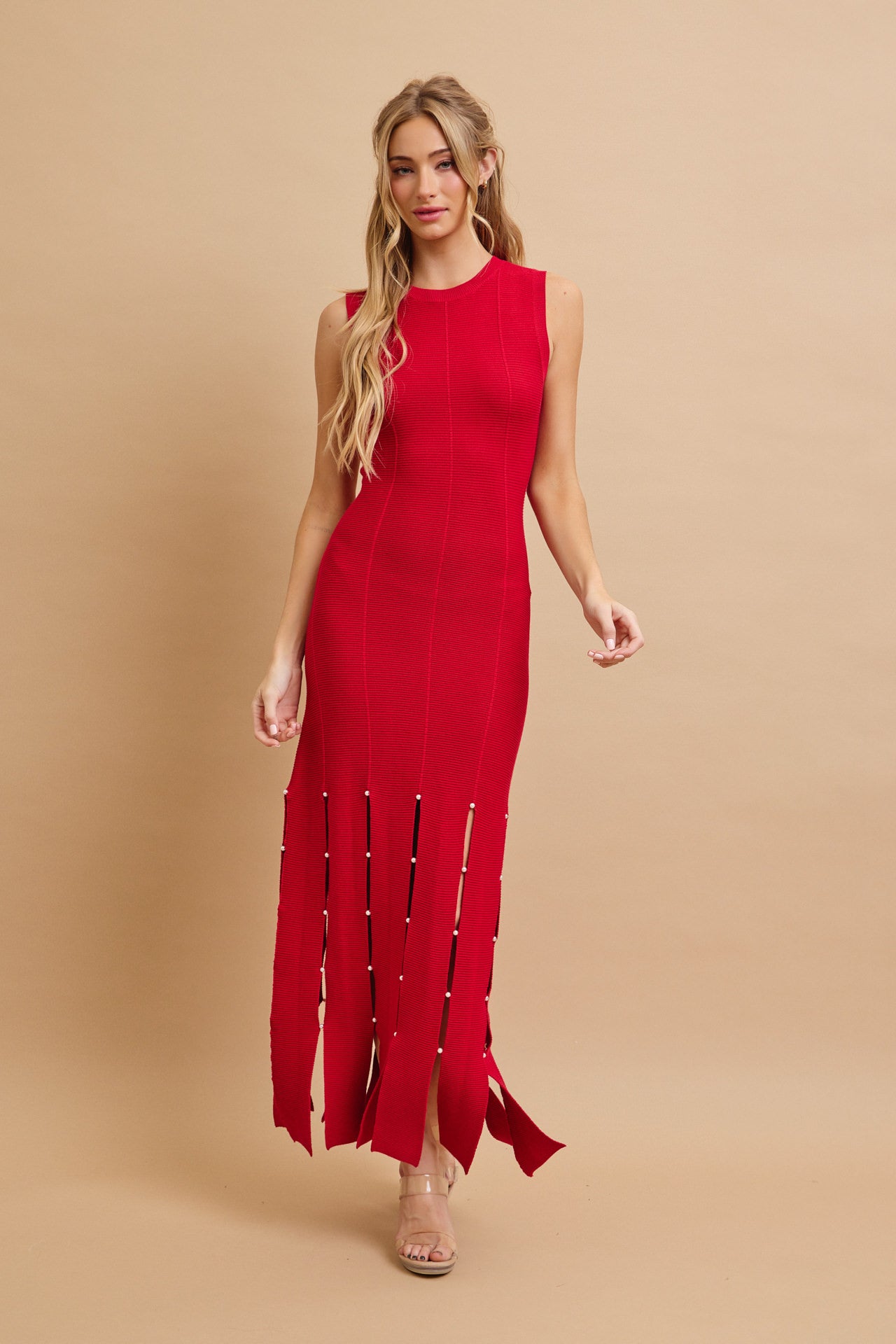 Always The Trendsetter Knit Pearl Embellished Slvls Midi Dress