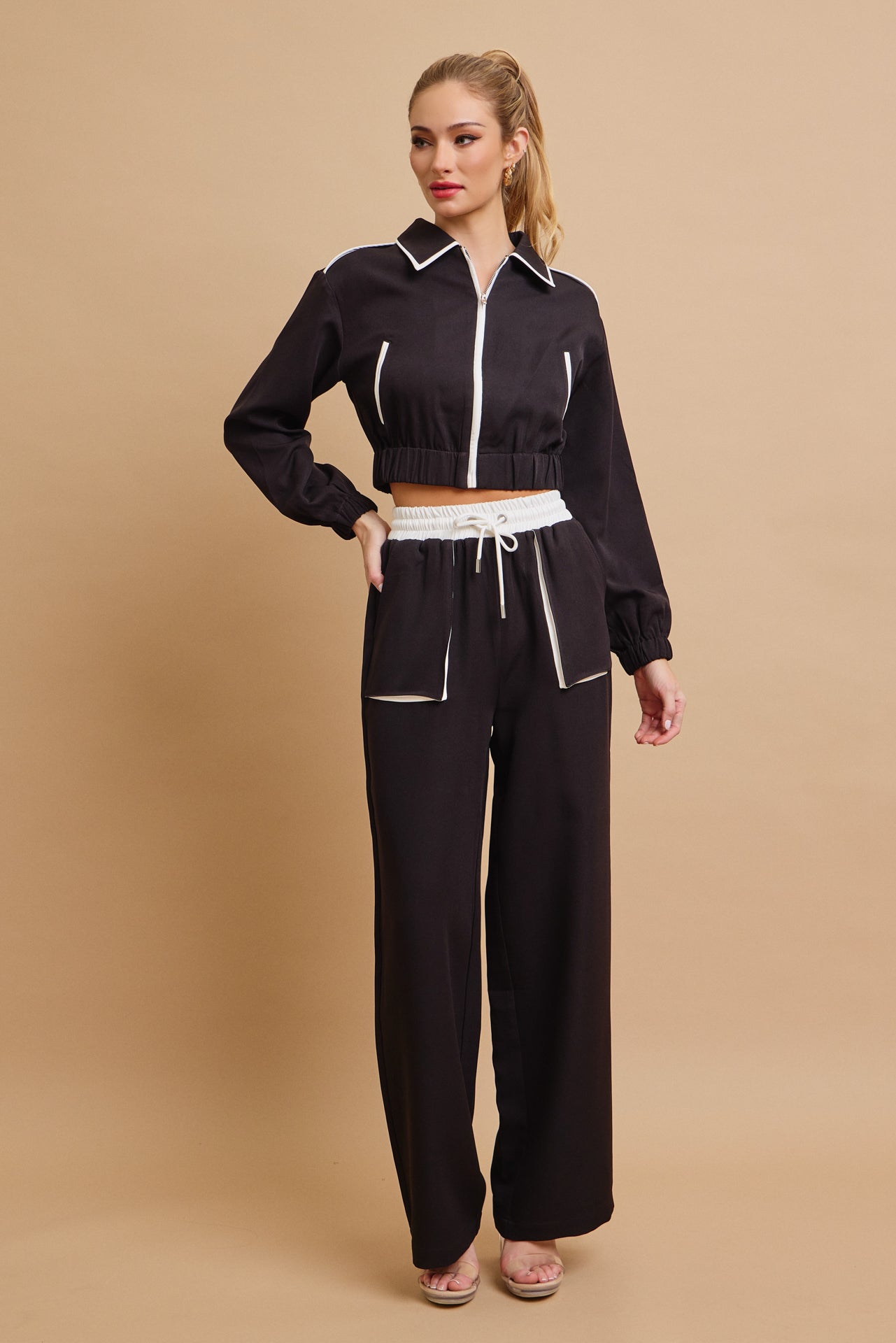 Woven Collar Jacket And Pants Set With Contrast