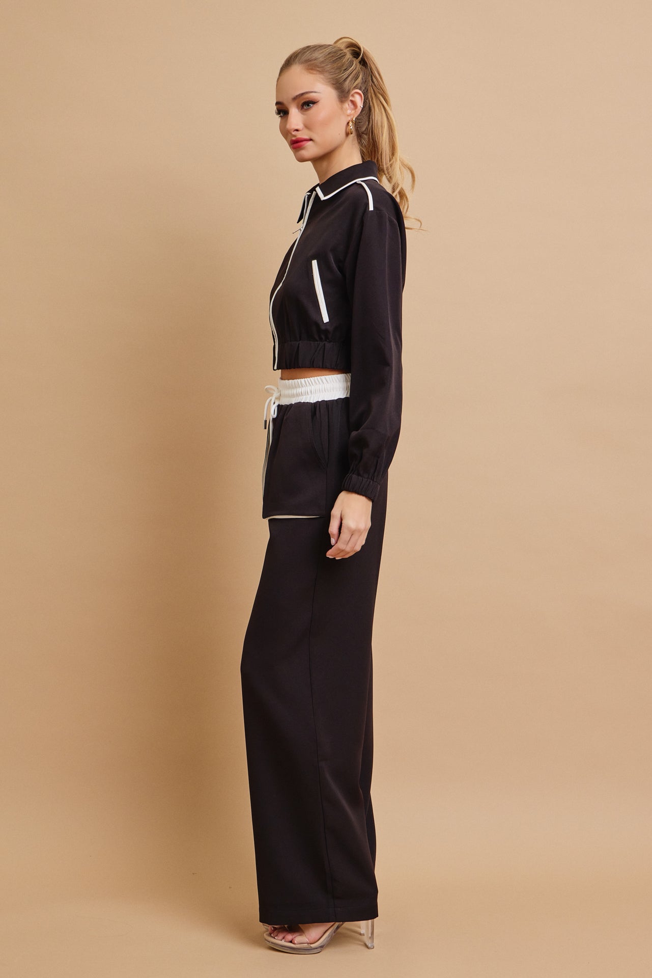 Woven Collar Jacket And Pants Set With Contrast