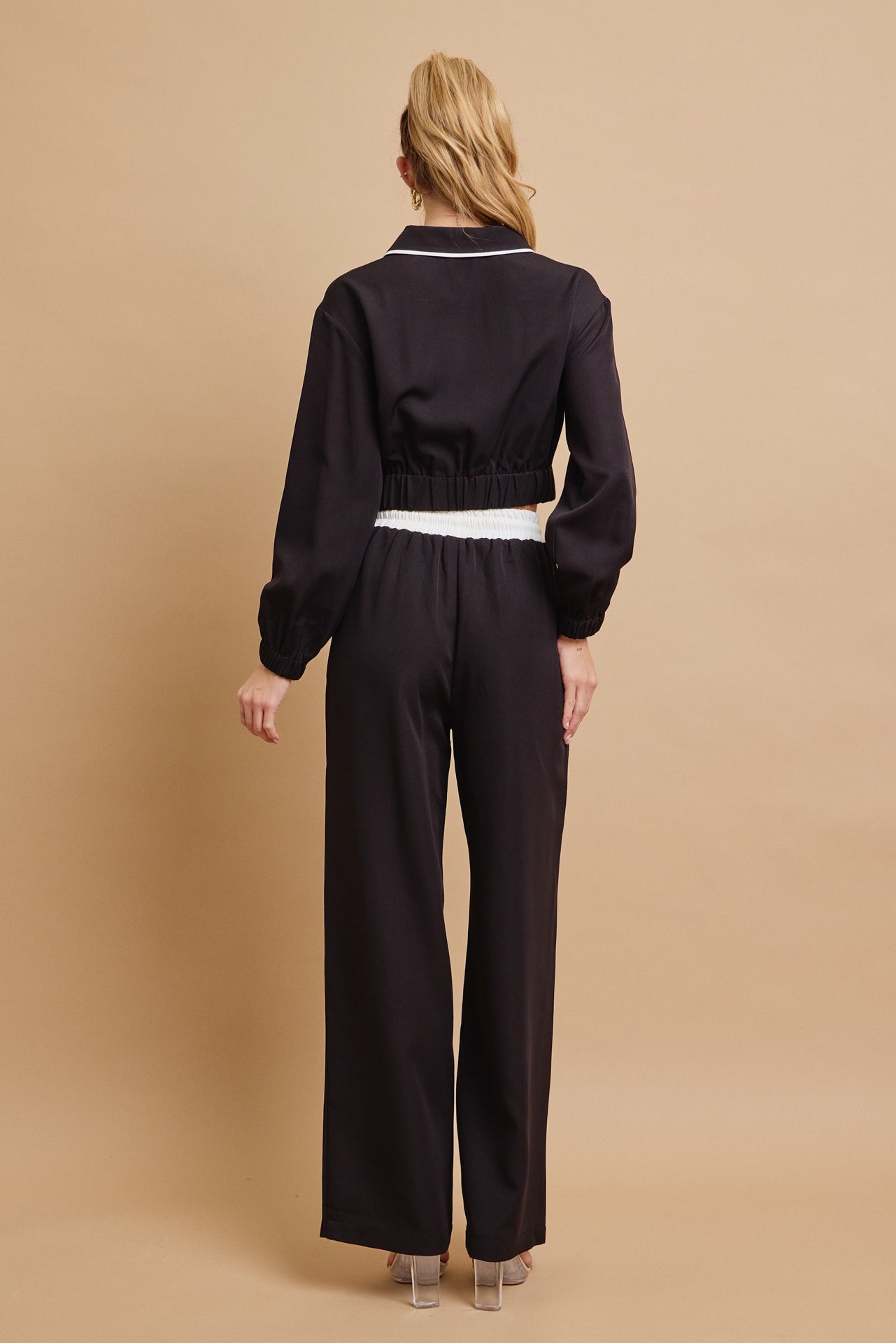 Woven Collar Jacket And Pants Set With Contrast