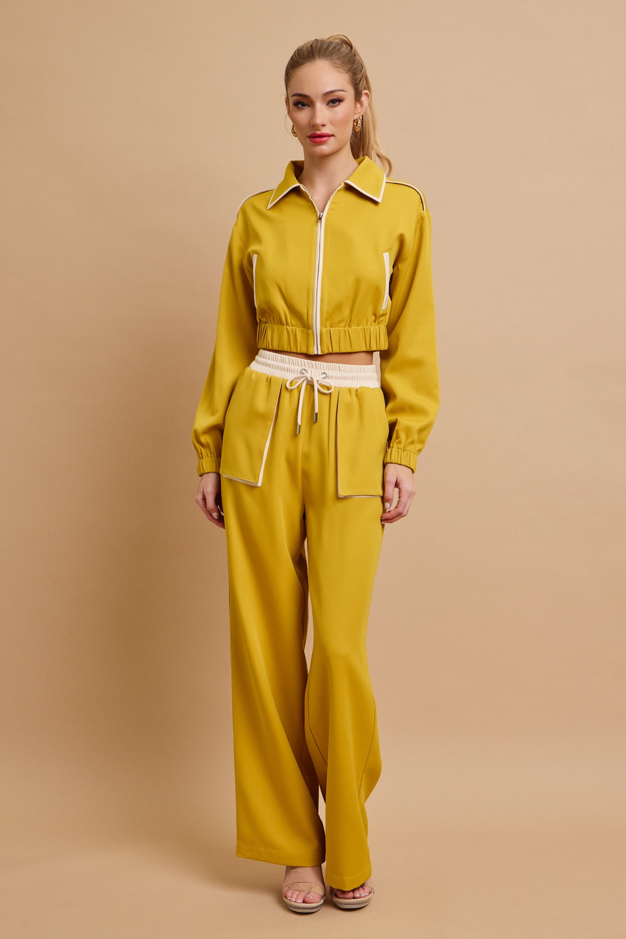 Woven Collar Jacket And Pants Set With Contrast