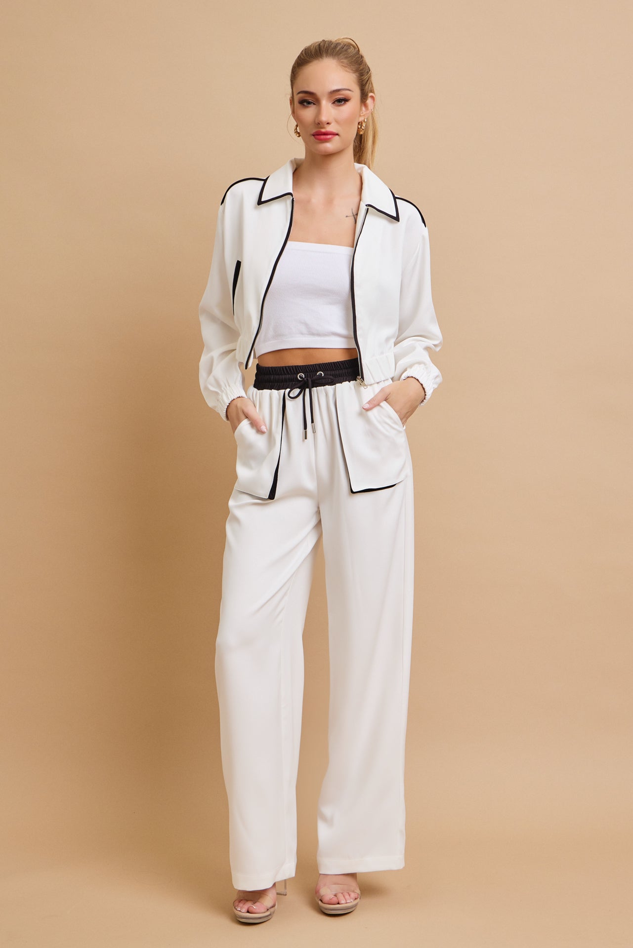 Woven Collar Jacket And Pants Set With Contrast