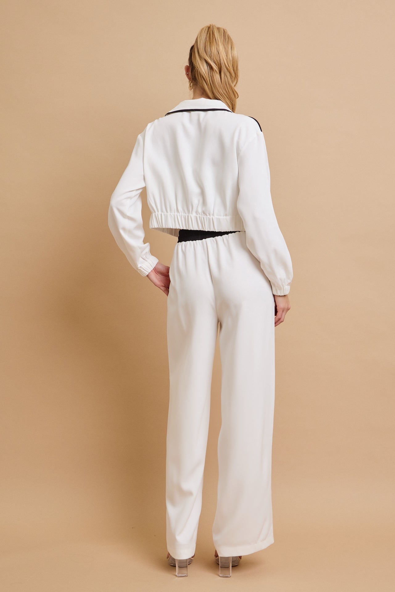 Woven Collar Jacket And Pants Set With Contrast