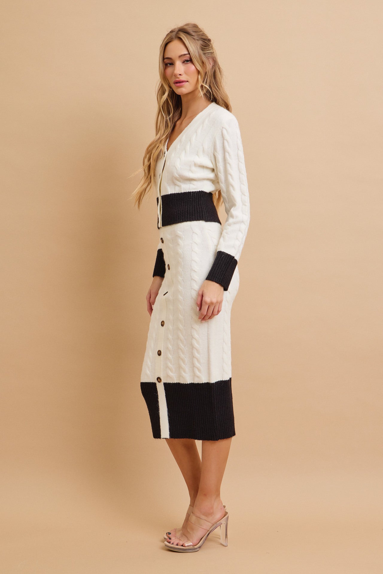 Adelle Cable Knit Colorblock Cardigan and Midi Skirt Set