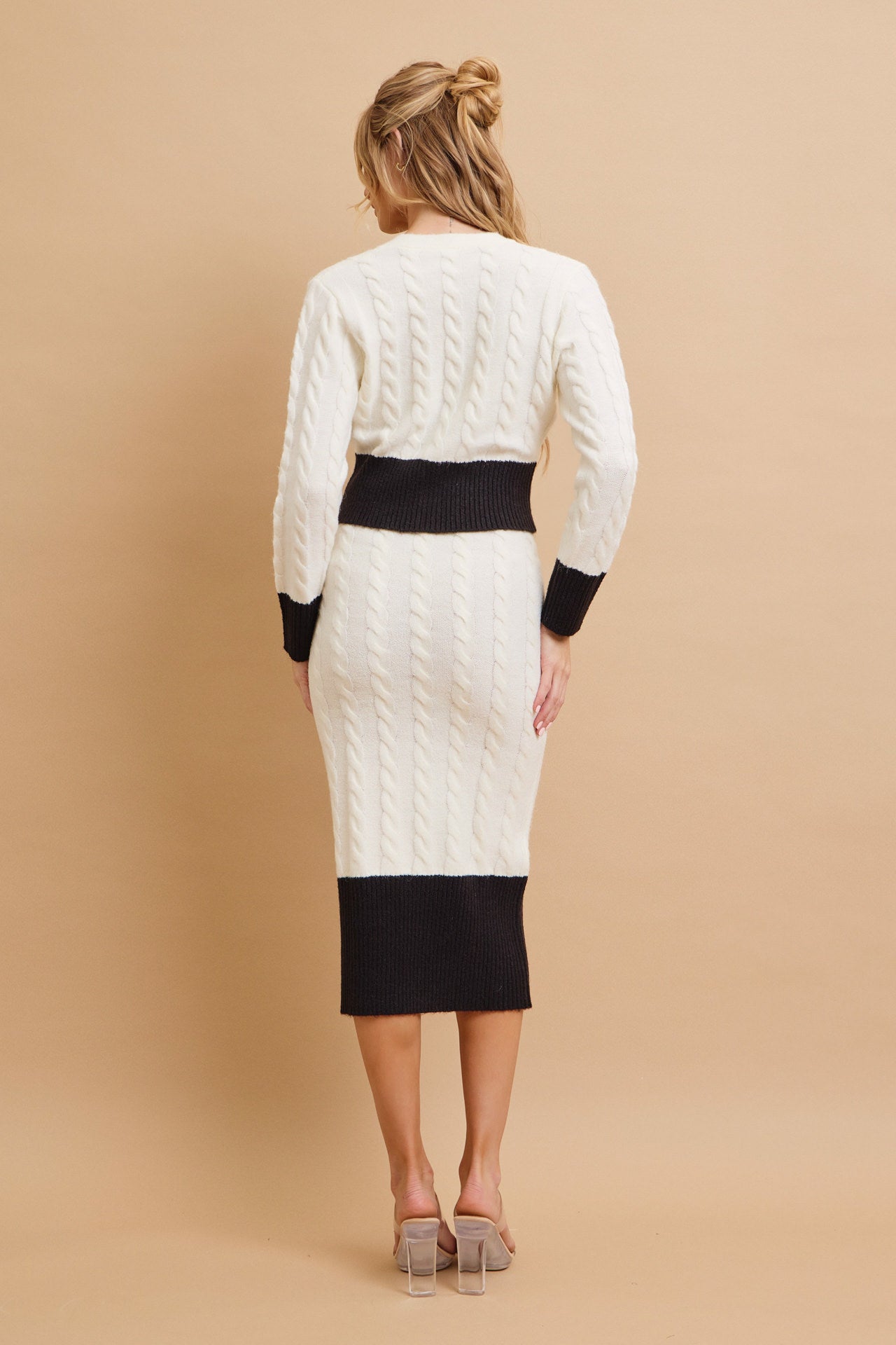 Adelle Cable Knit Colorblock Cardigan and Midi Skirt Set