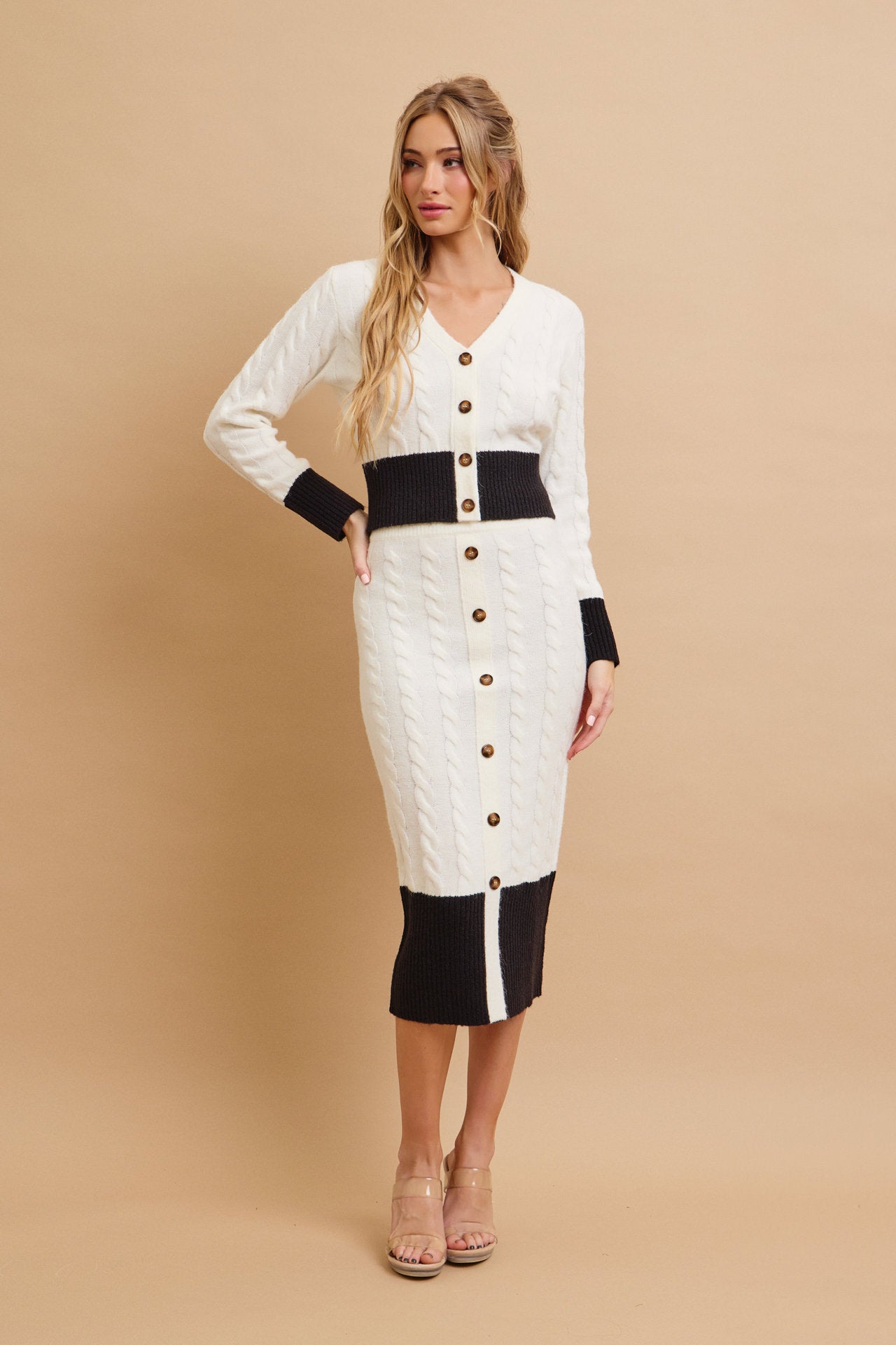 Adelle Cable Knit Colorblock Cardigan and Midi Skirt Set