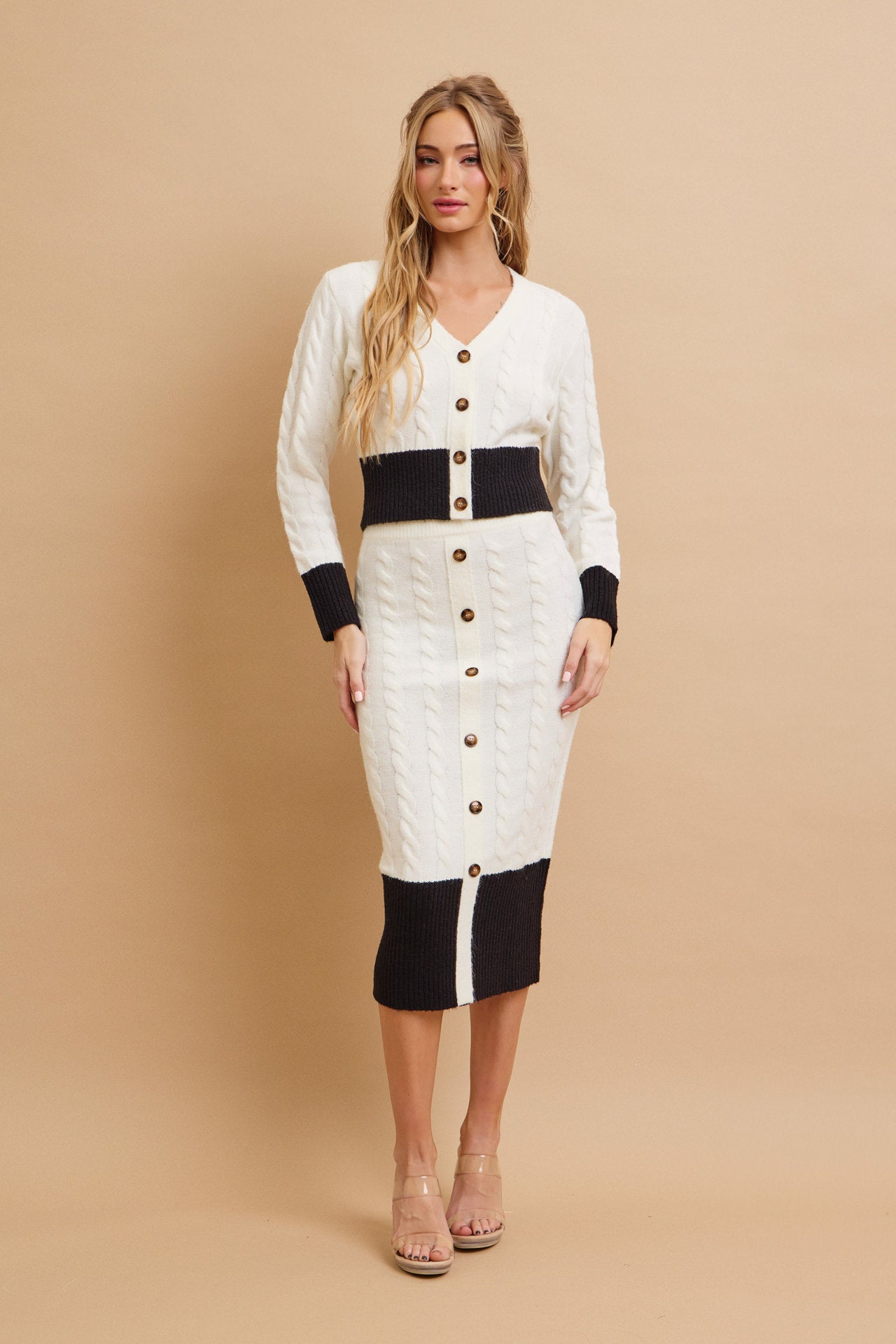 Adelle Cable Knit Colorblock Cardigan and Midi Skirt Set