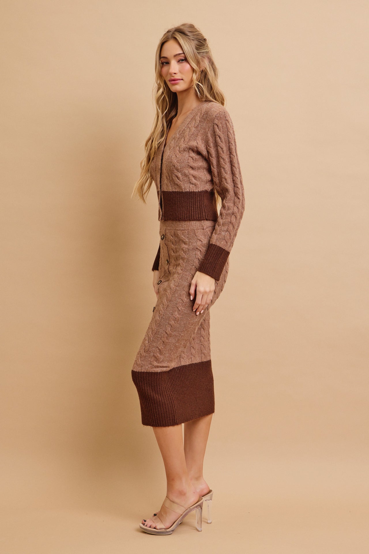 Adelle Cable Knit Colorblock Cardigan and Midi Skirt Set