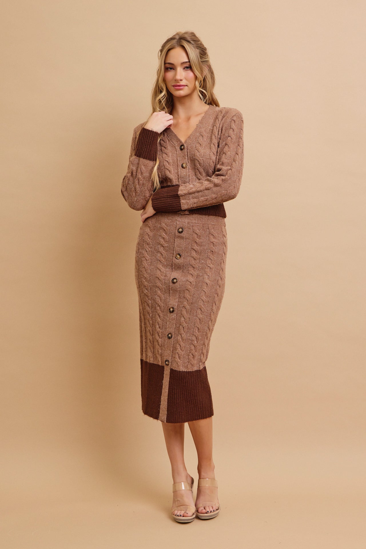 Adelle Cable Knit Colorblock Cardigan and Midi Skirt Set