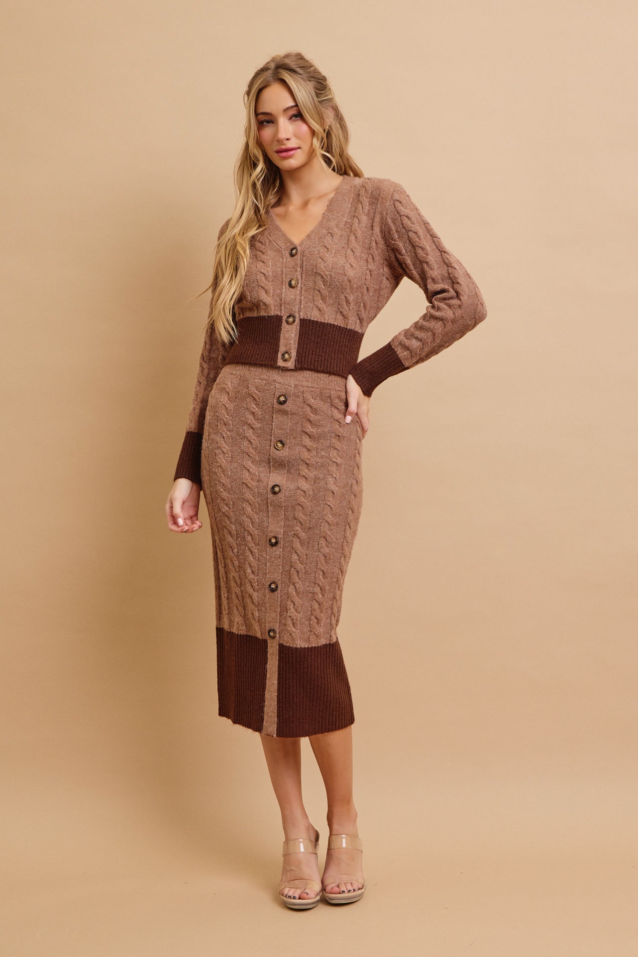 Adelle Cable Knit Colorblock Cardigan and Midi Skirt Set