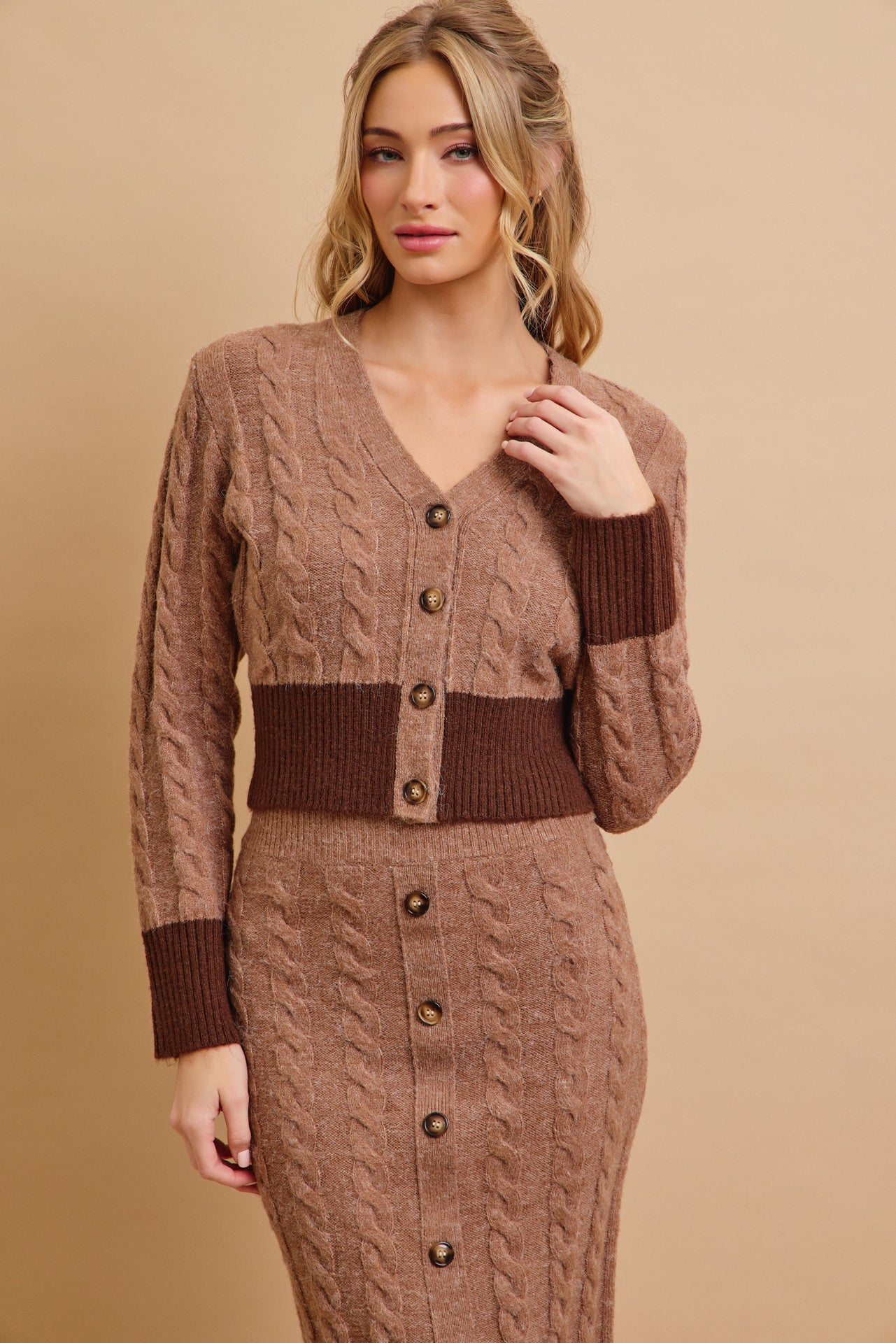 Adelle Cable Knit Colorblock Cardigan and Midi Skirt Set